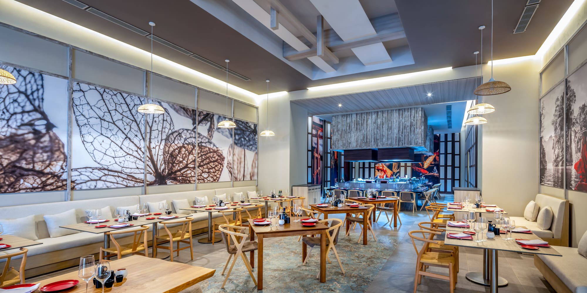 a room with tables and chairs