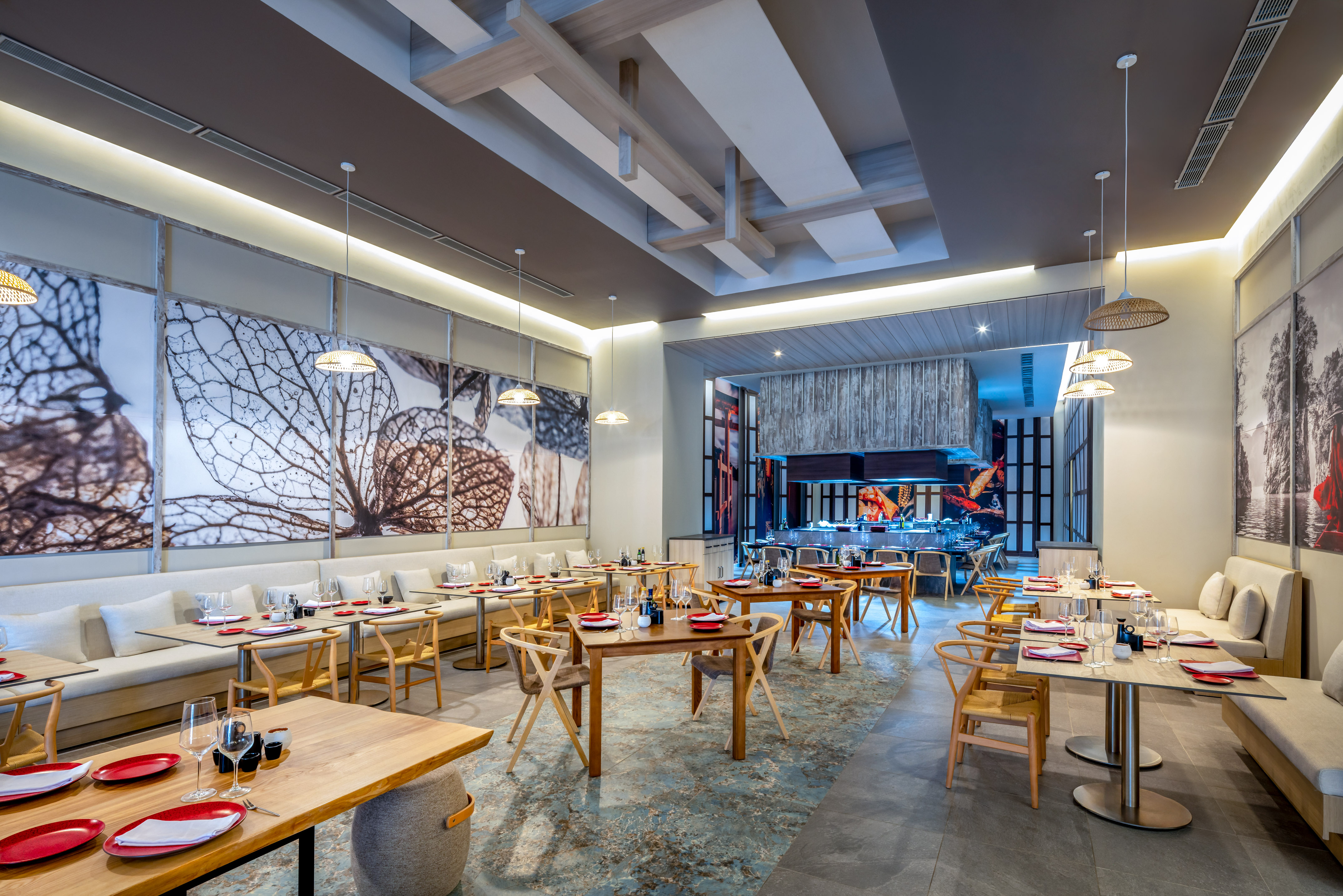 a room with tables and chairs