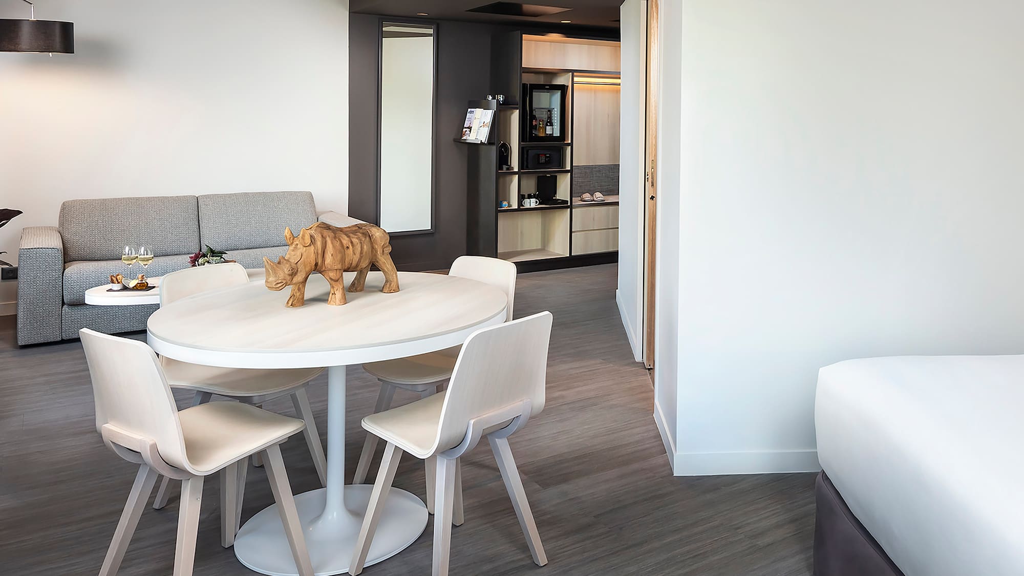 a table and chairs in a room