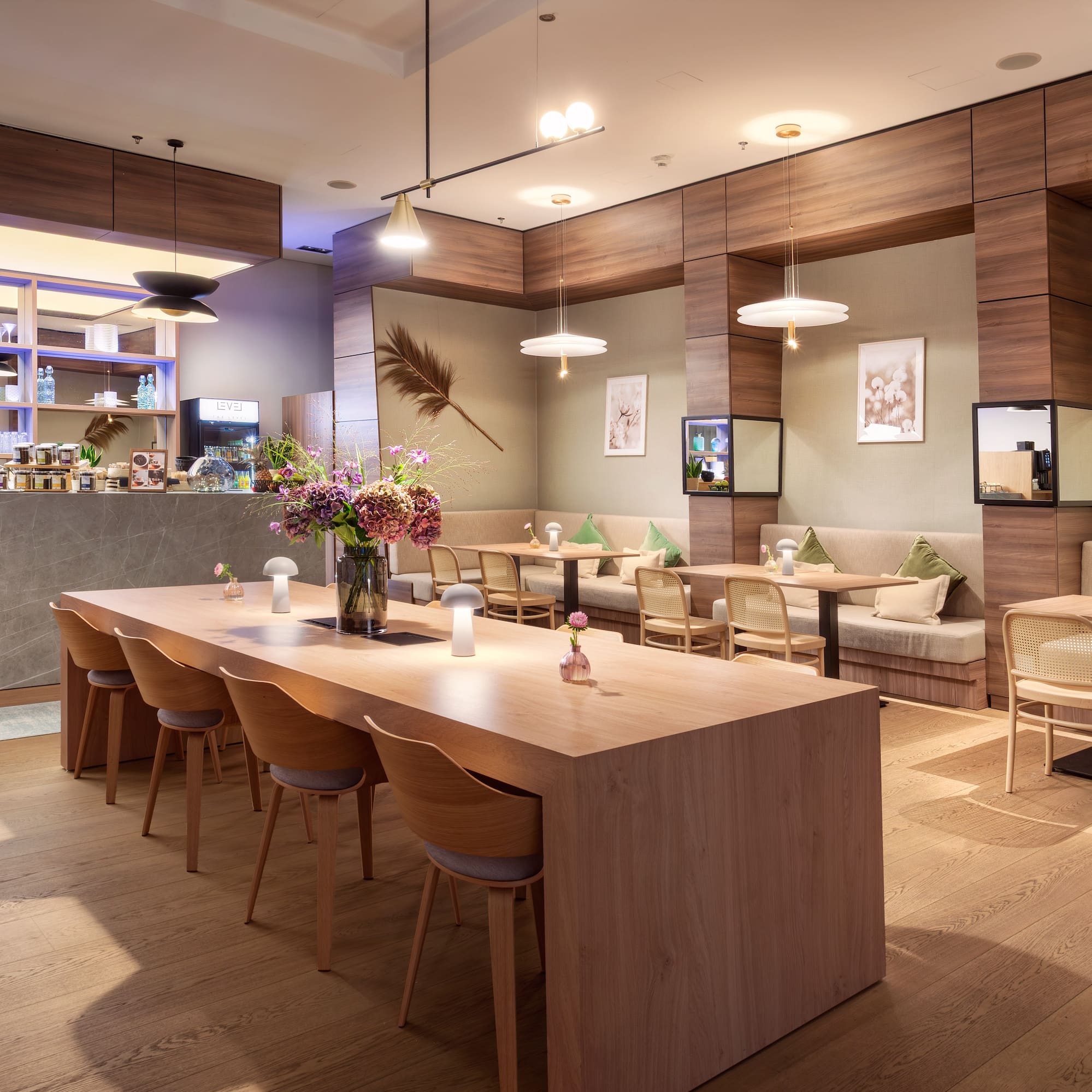 a room with a table and chairs