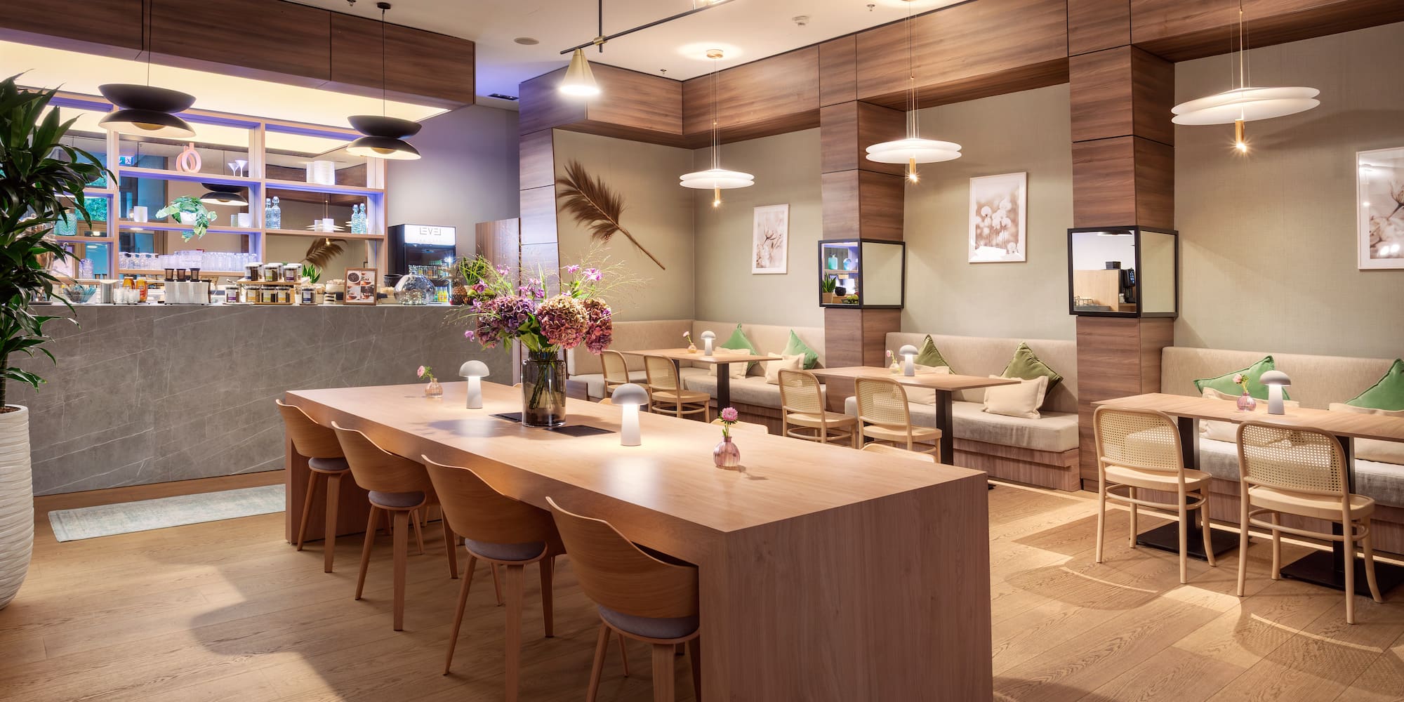 a room with a table and chairs