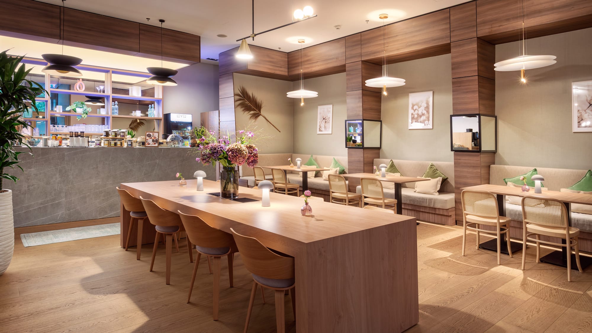 a room with a table and chairs