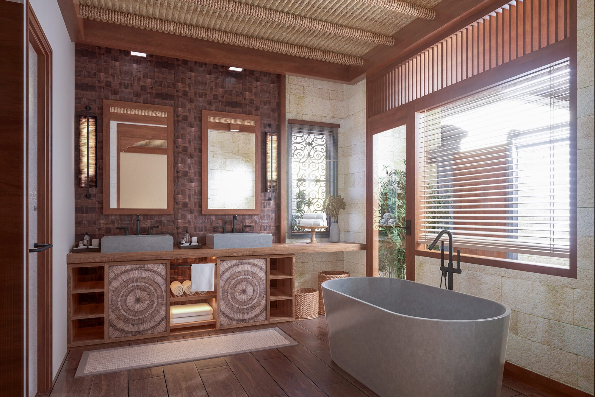 a bathroom with a tub and sinks
