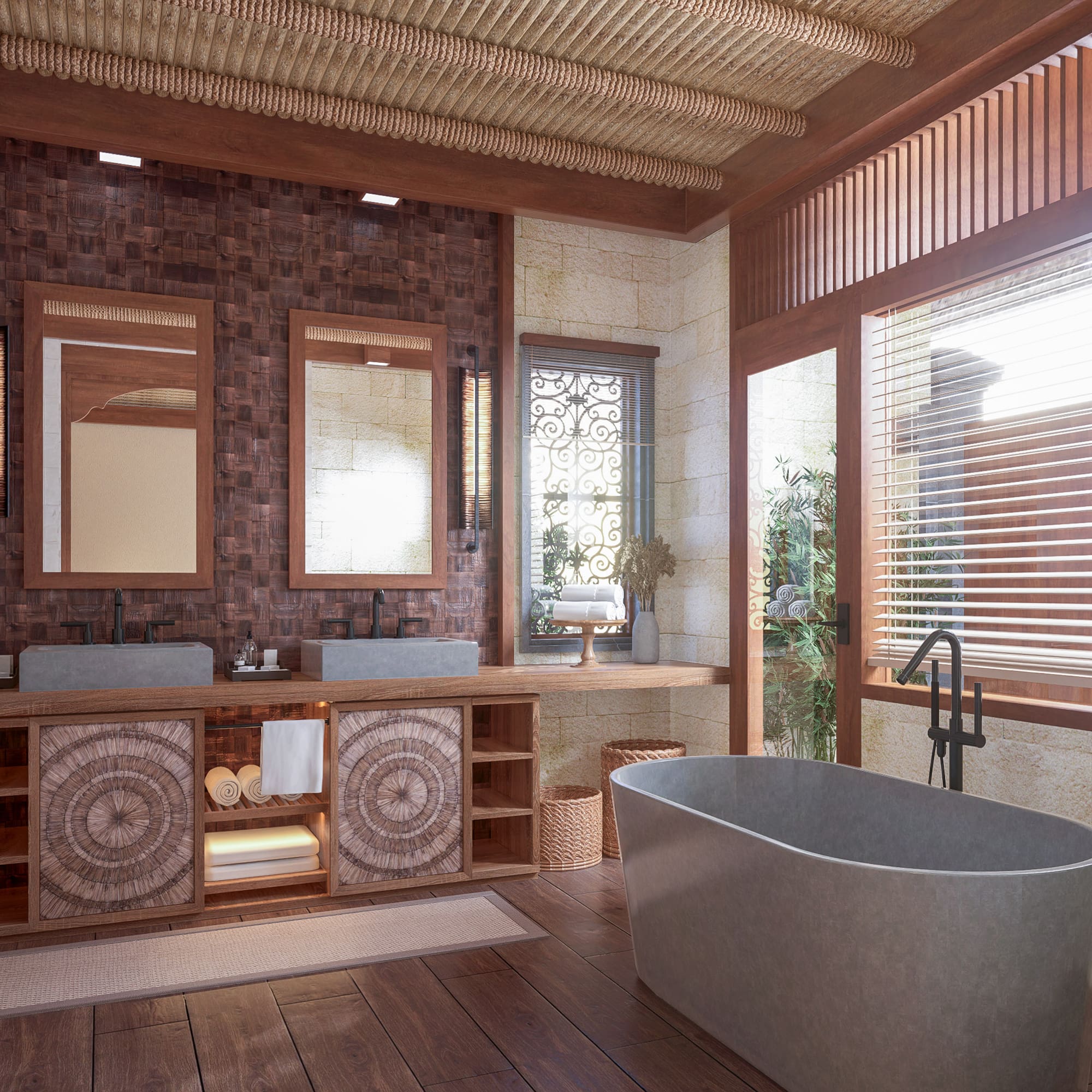 a bathroom with a tub and sinks