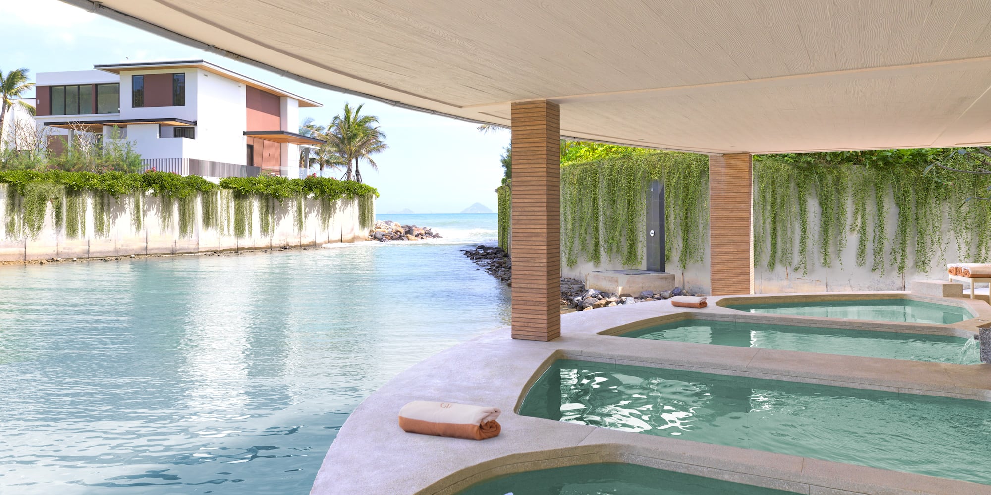 a pool with a large body of water