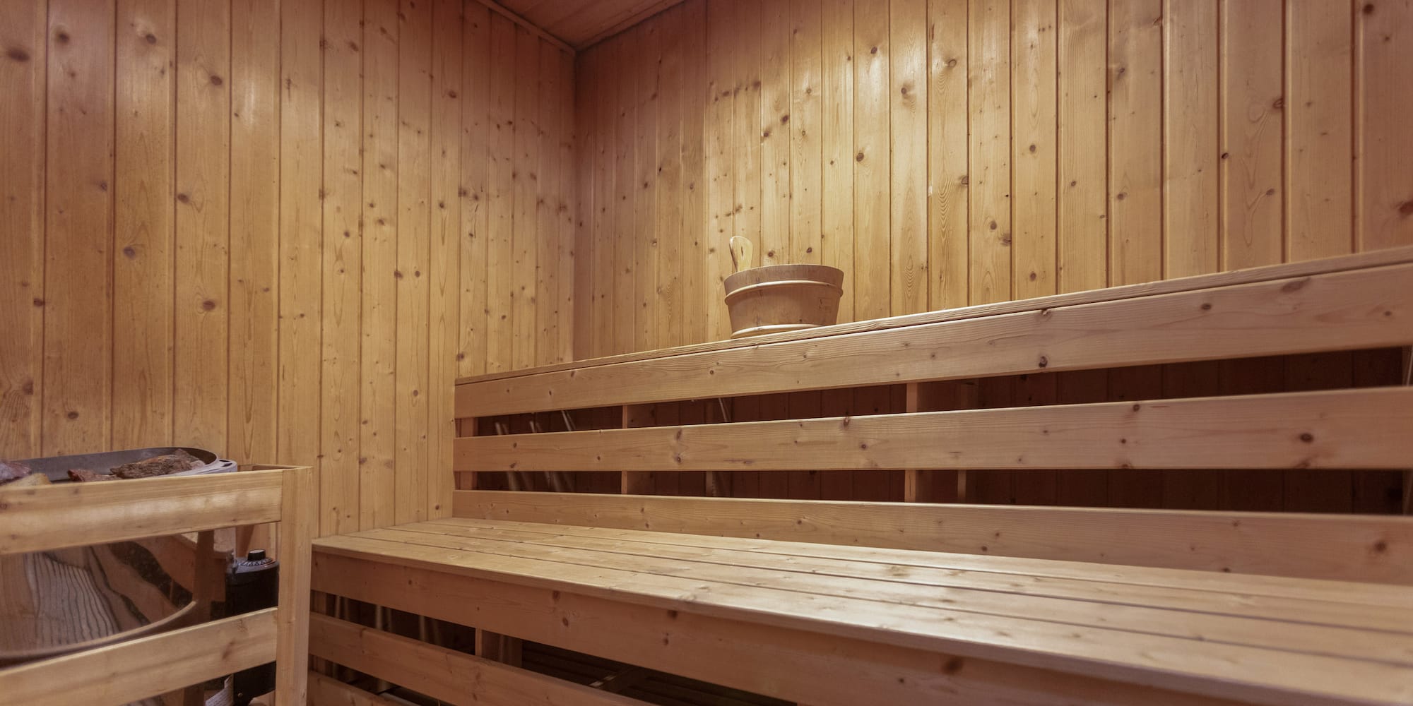 a wooden bench in a sauna