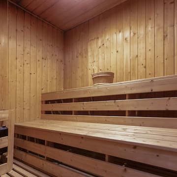 a wooden bench in a sauna