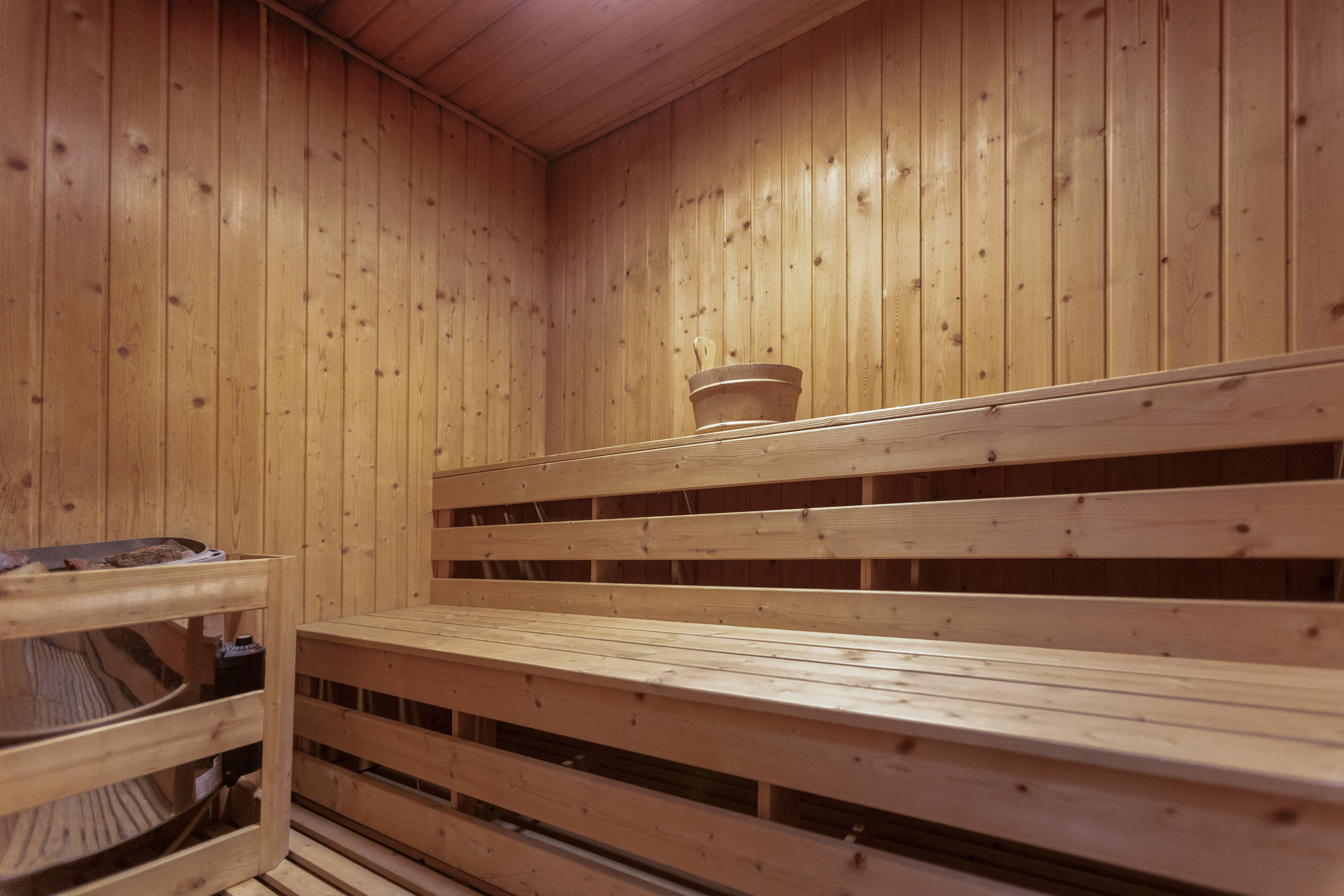 a wooden bench in a sauna
