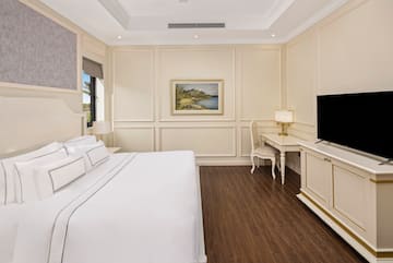 a bedroom with a bed and a television