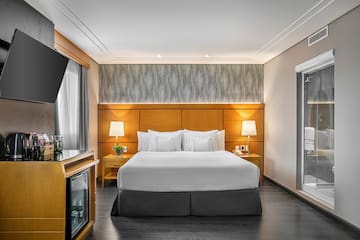 a room with a bed and a television