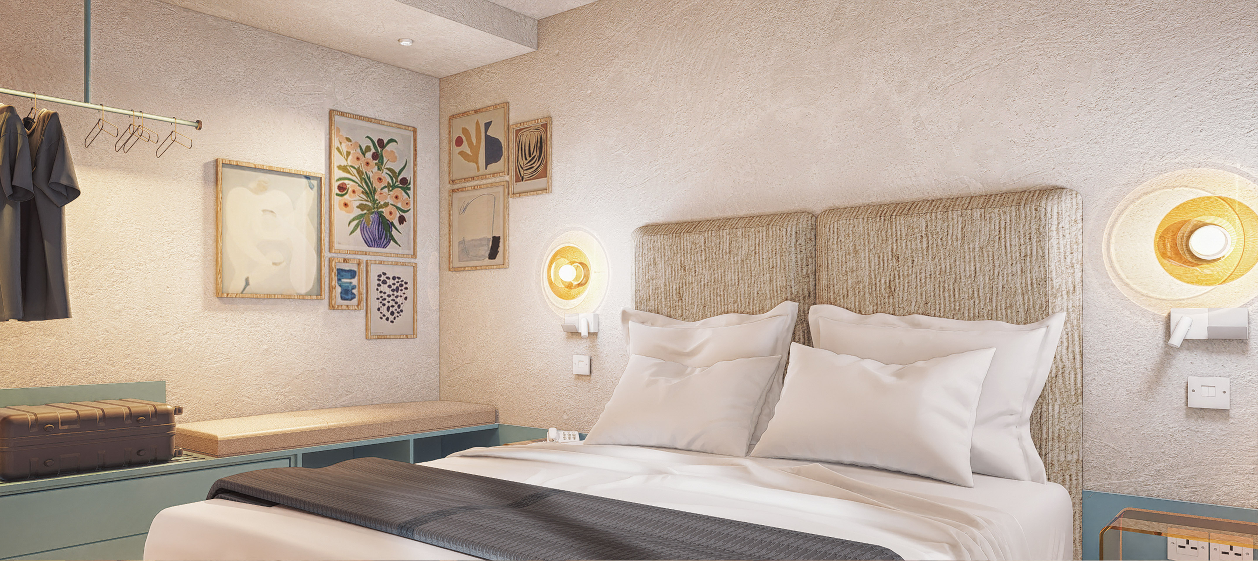 a bed with pillows and a bench in a room