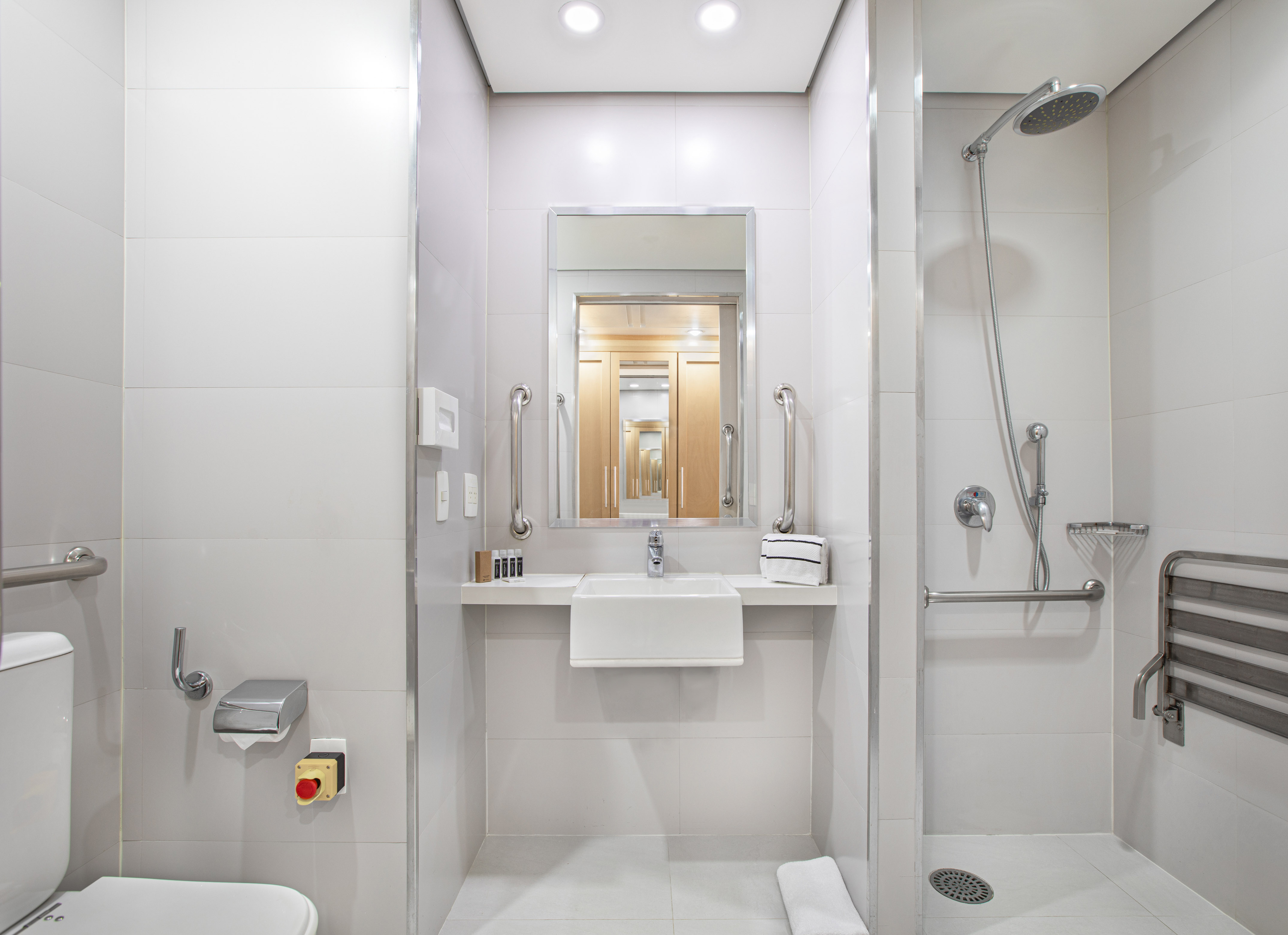 ADA compliant bathroom with roll-in shower, grab bars, modern sink, and toilet.