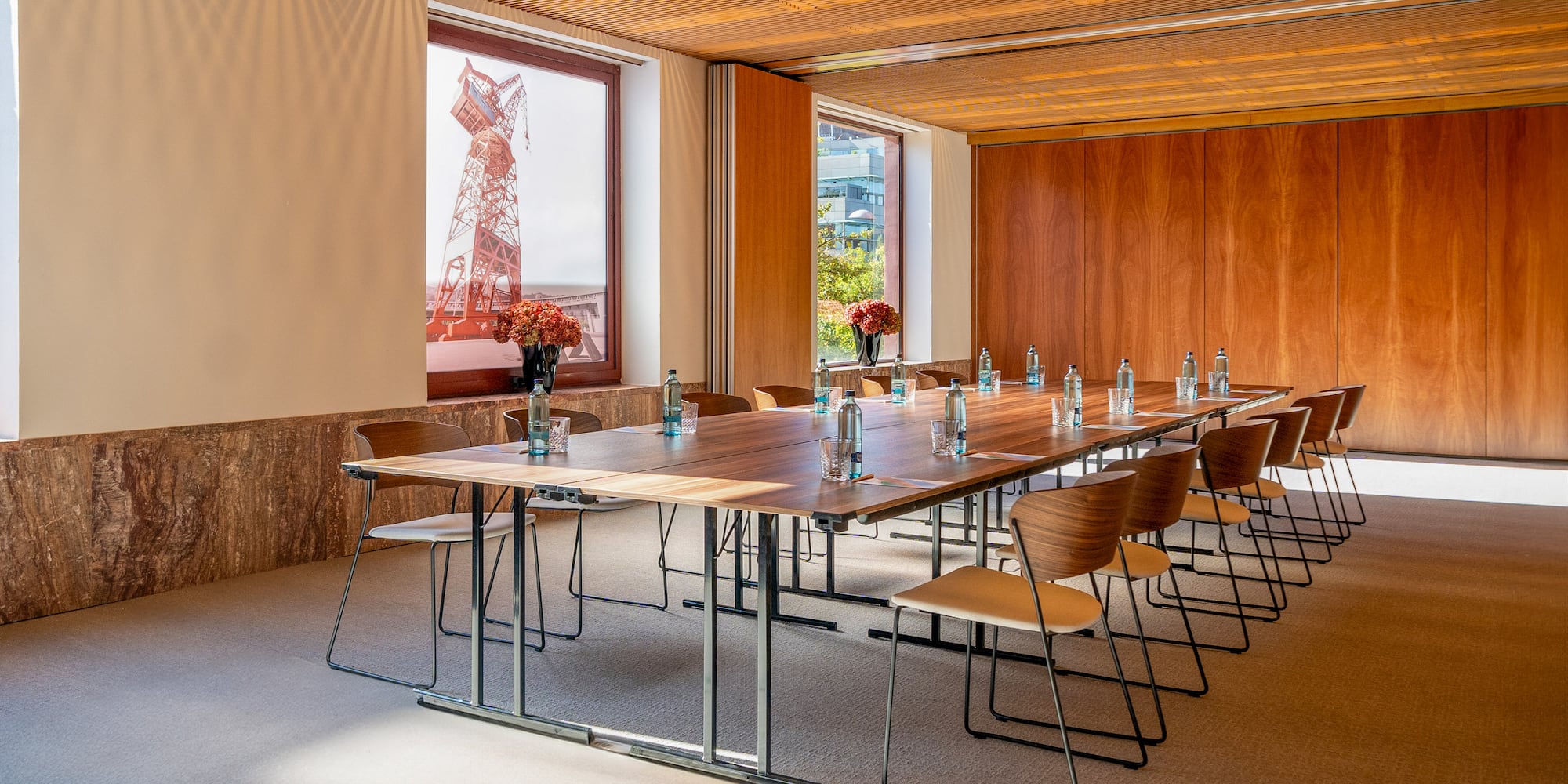 a room with a table and chairs