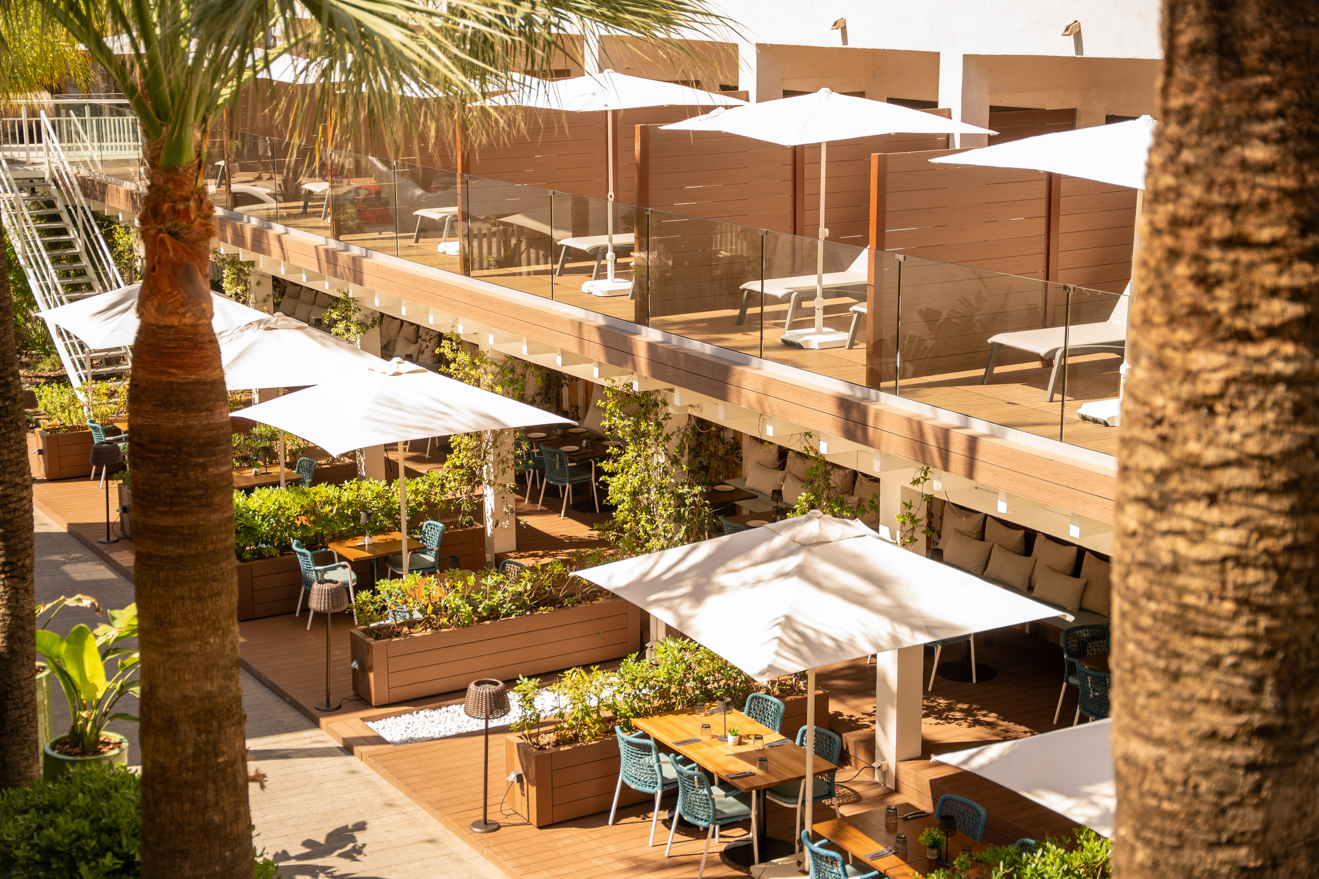 Hotel terrace: outdoor dining, sun loungers, white umbrellas, palm trees.