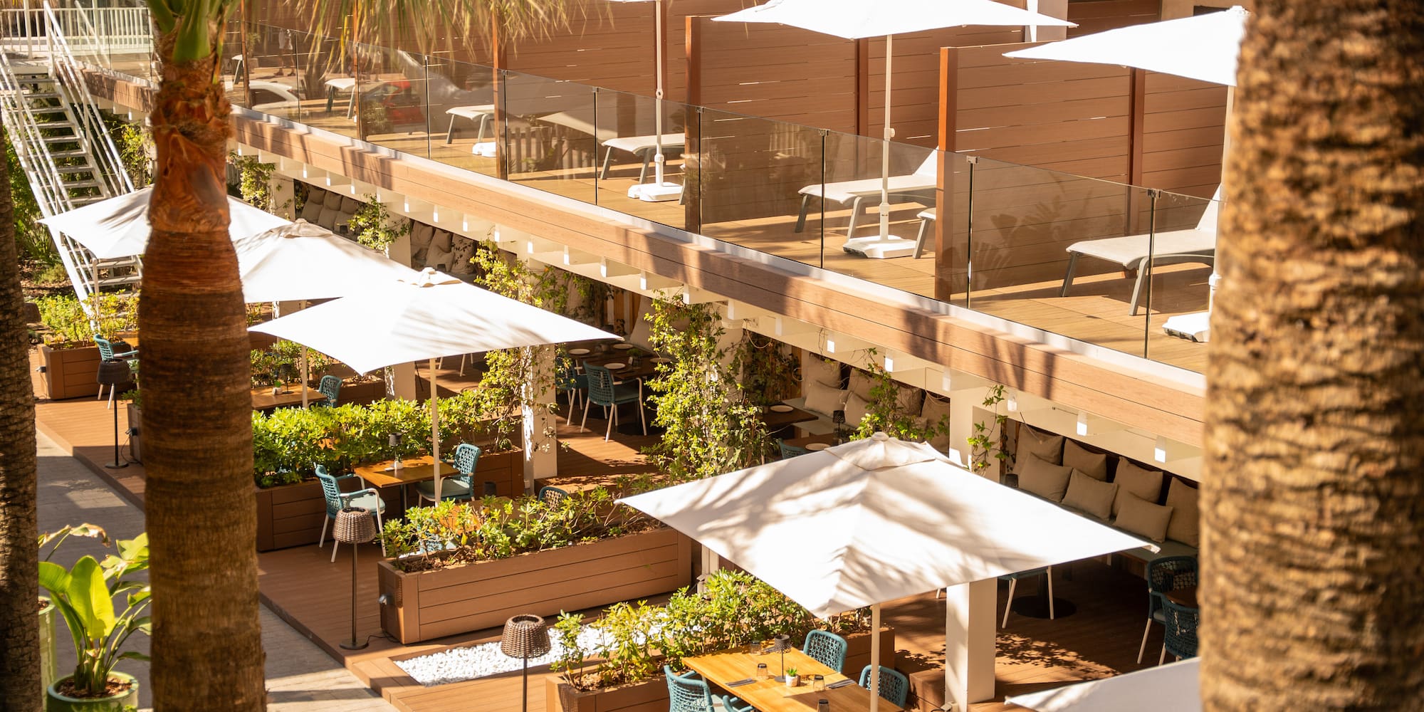 Hotel terrace: outdoor dining, sun loungers, white umbrellas, palm trees.