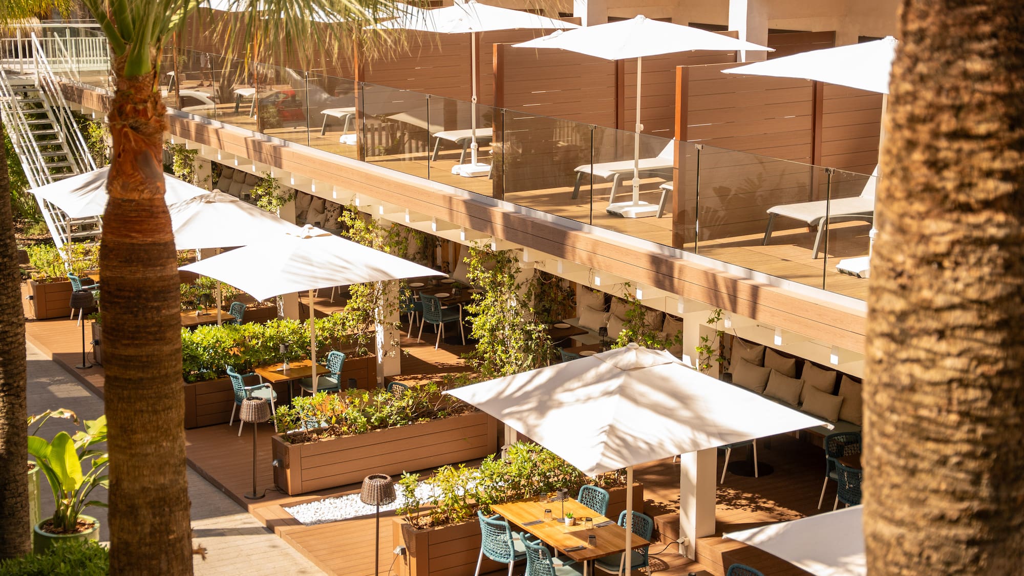 Outdoor dining terrace with white umbrellas, lounge chairs, and palm trees.