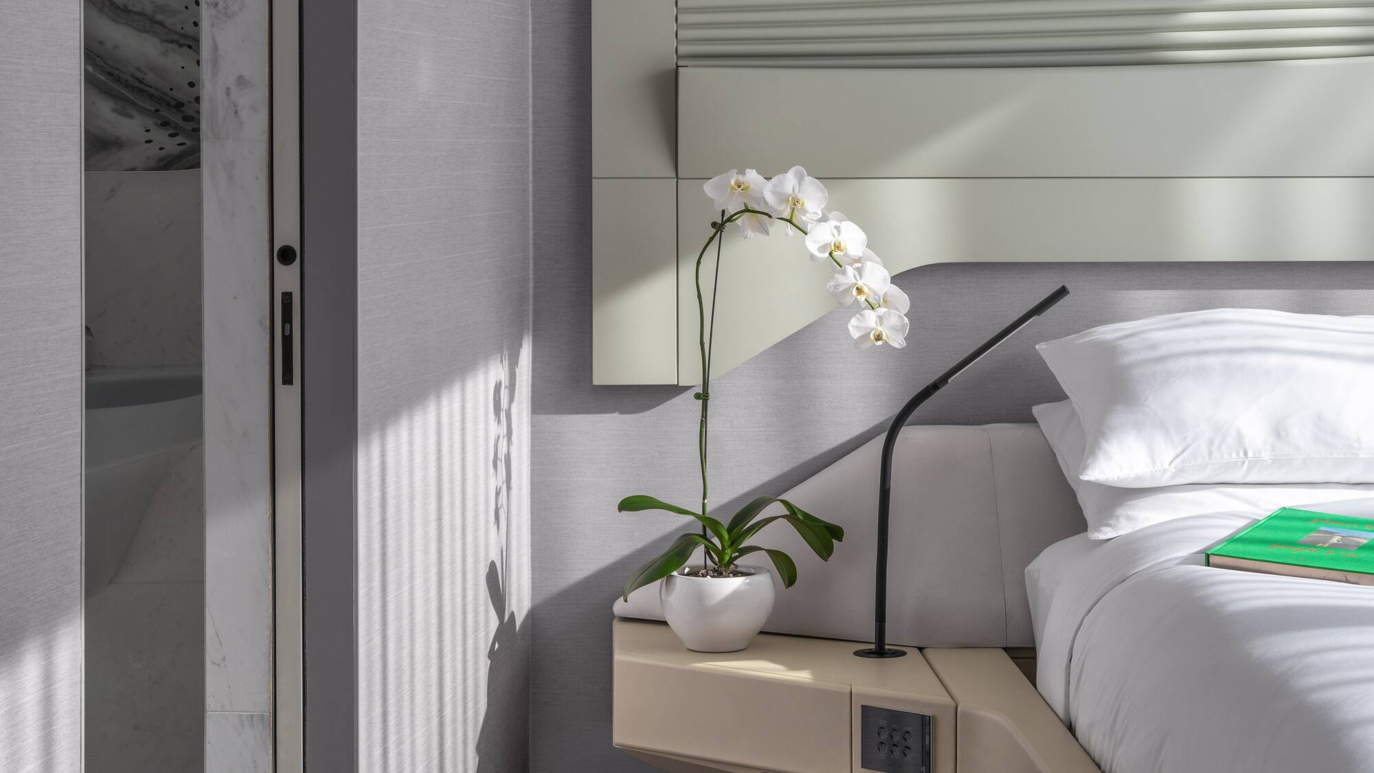 a plant on a table next to a bed