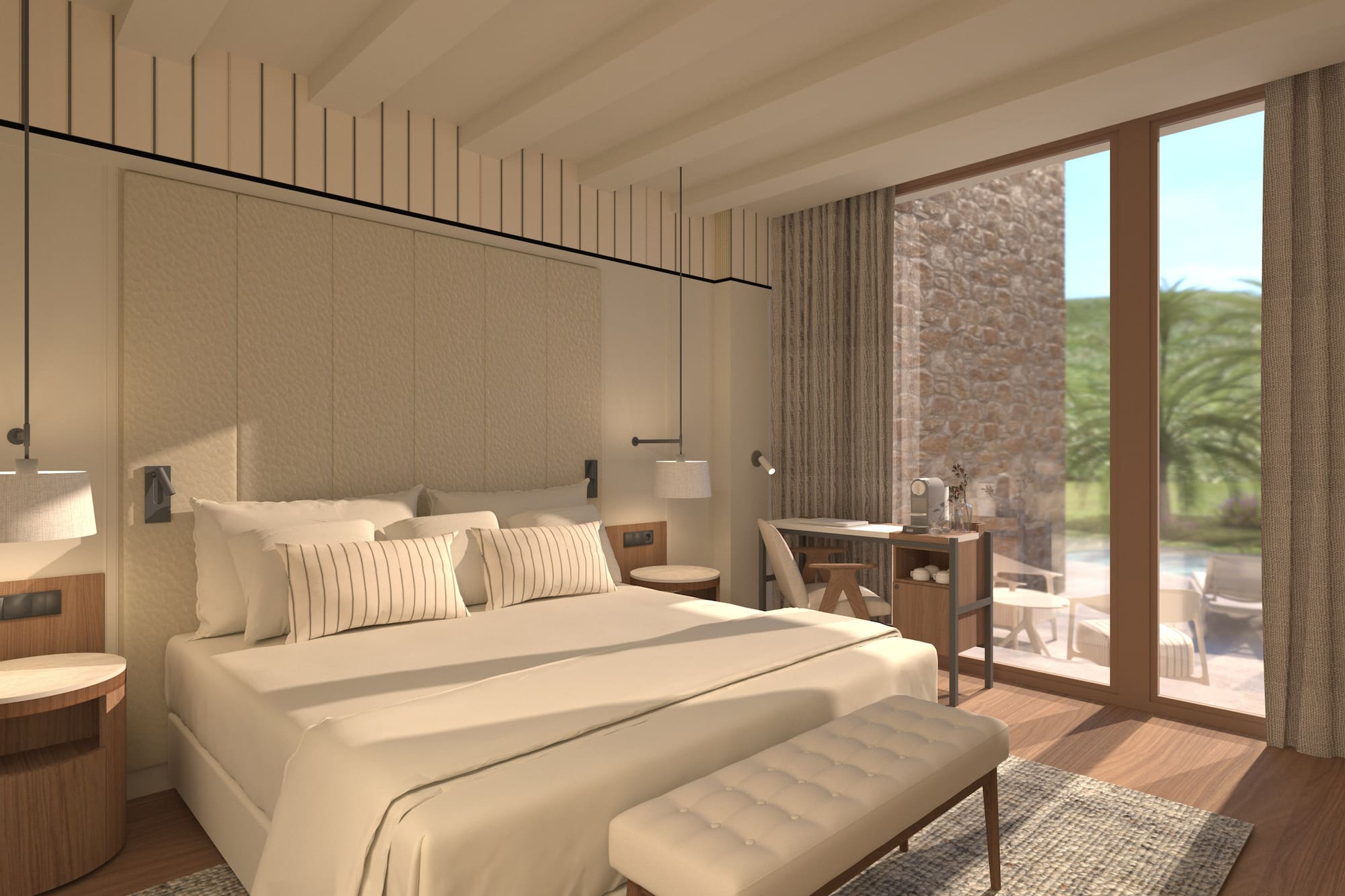 Habitación de hotel moderna con cama grande, diseño neutro y ventanal con vistas. - Deluxe Room con Jardín - Hotel Golf Santa Ponsa Meliá Collection, Mallorca