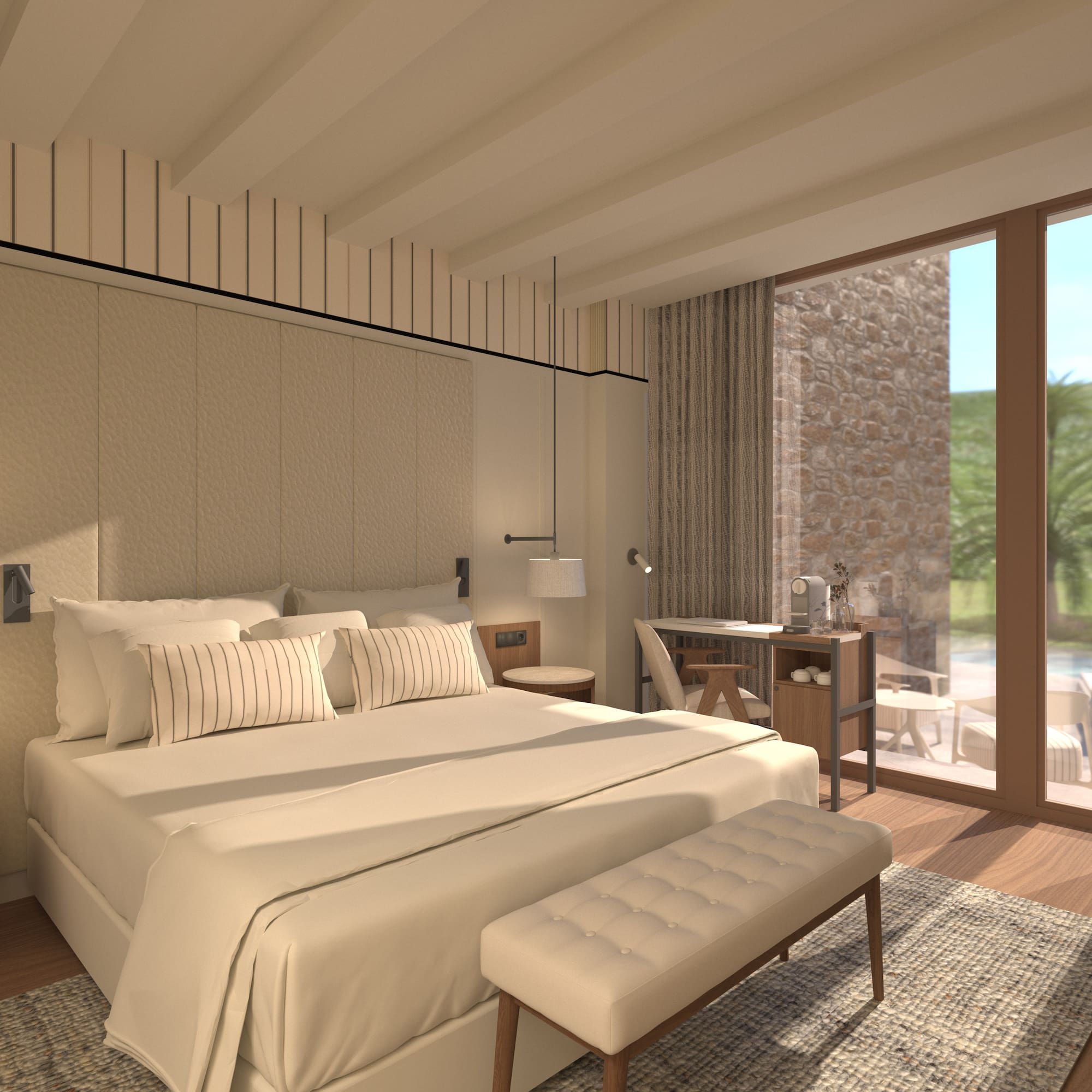 Beige, modernes Hotelzimmer mit Doppelbett, großer Fensterfront und Poolblick. - Deluxe Room mit Garten - Hotel Golf Santa Ponsa Meliá Collection, Mallorca