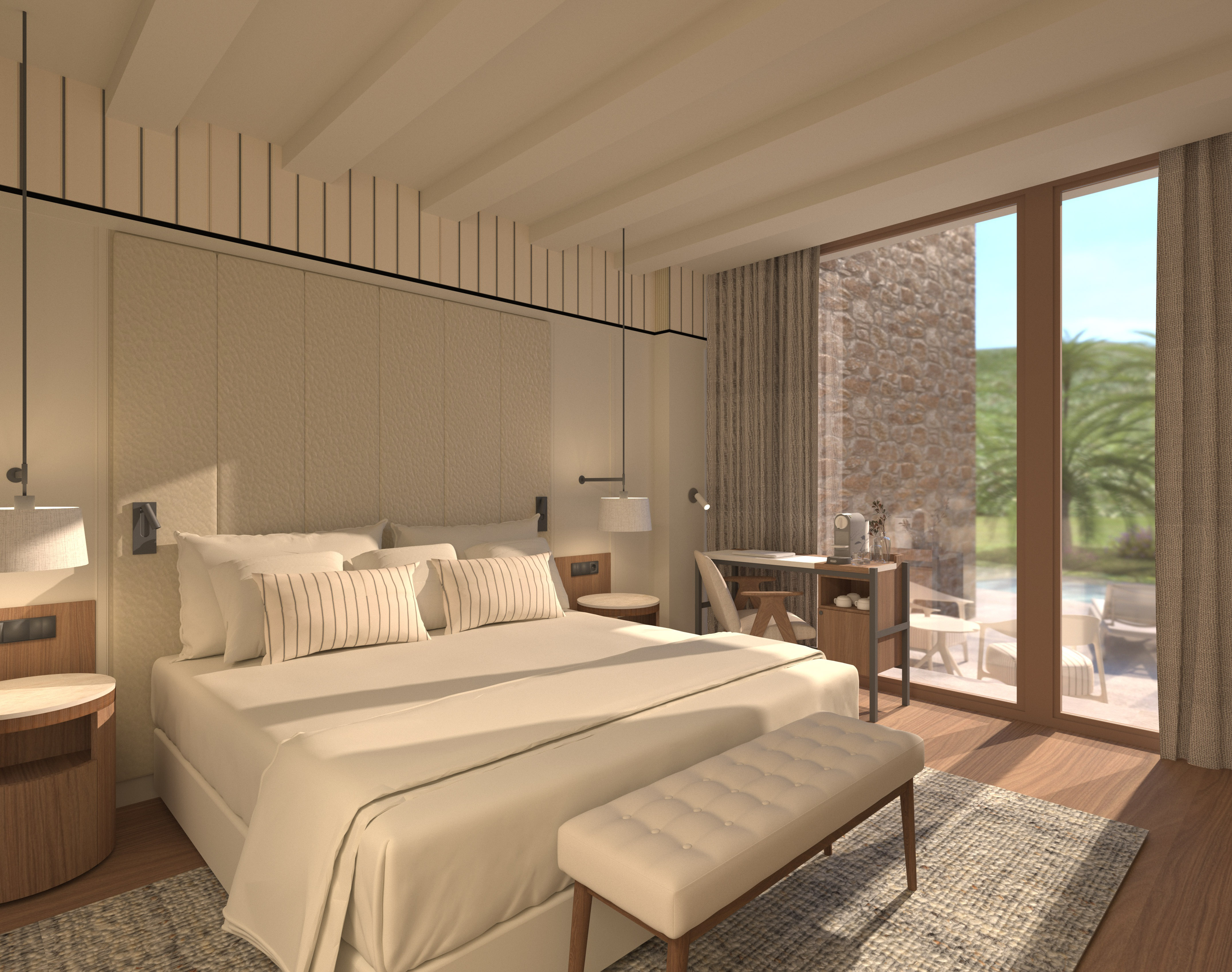 غرفة نوم فندقية عصرية بإضاءة طبيعية دافئة وتصميم فاخر - Deluxe Room مع حديقة - Hotel Golf Santa Ponsa Meliá Collection, مايوركا