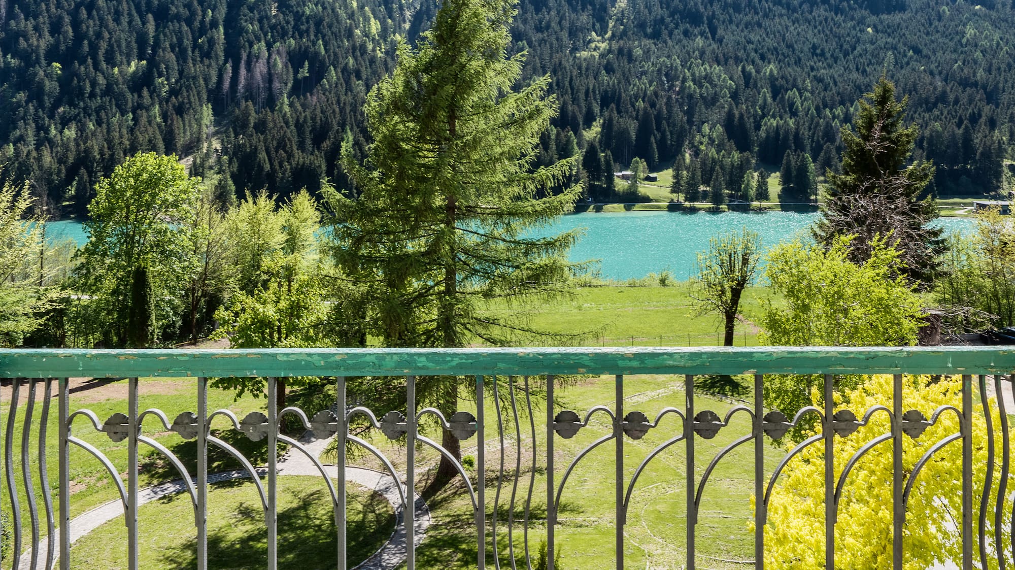 Balcony view over turquoise mountain lake, dense forest, and green park.