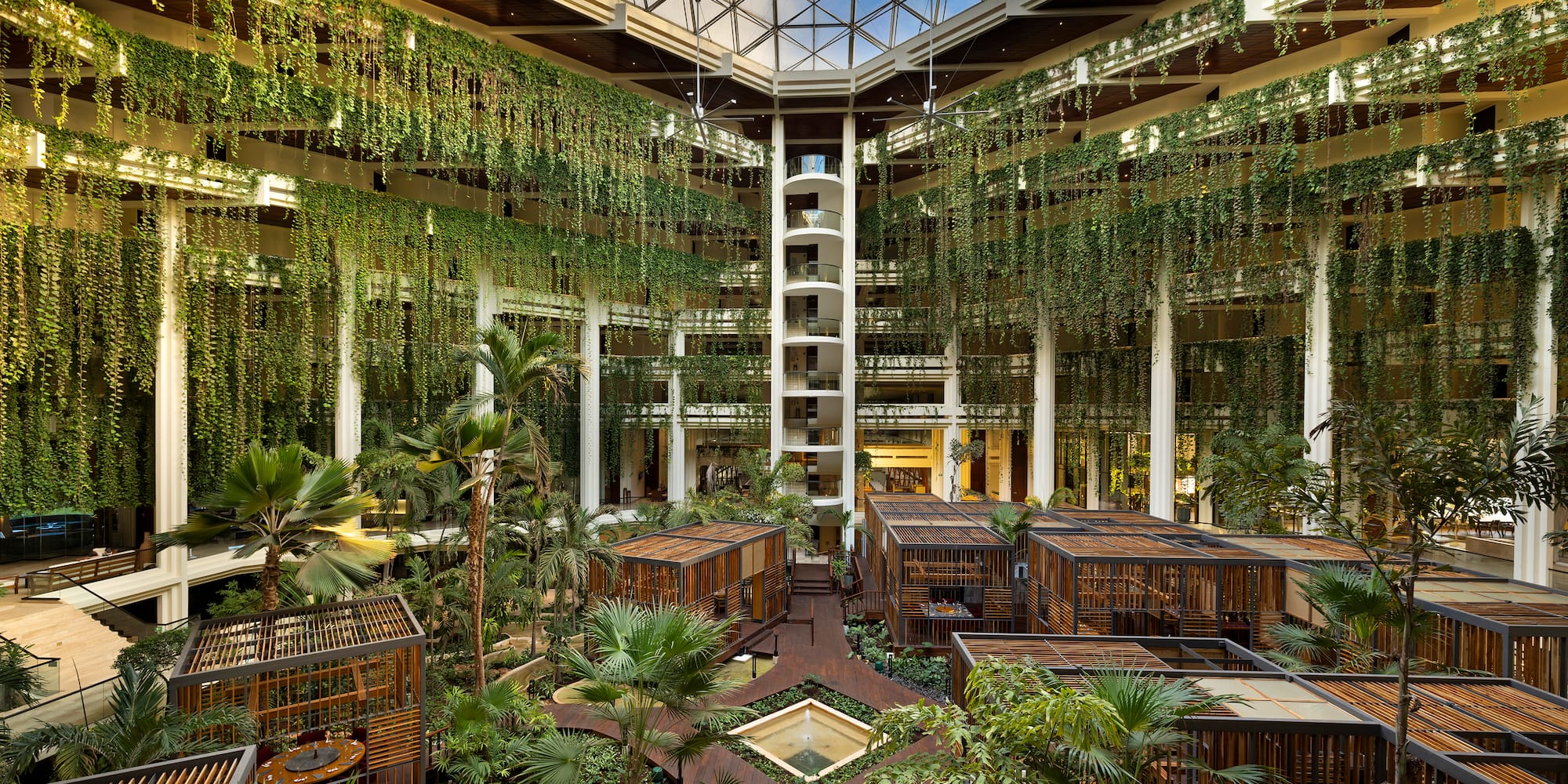 a building with many cages and plants