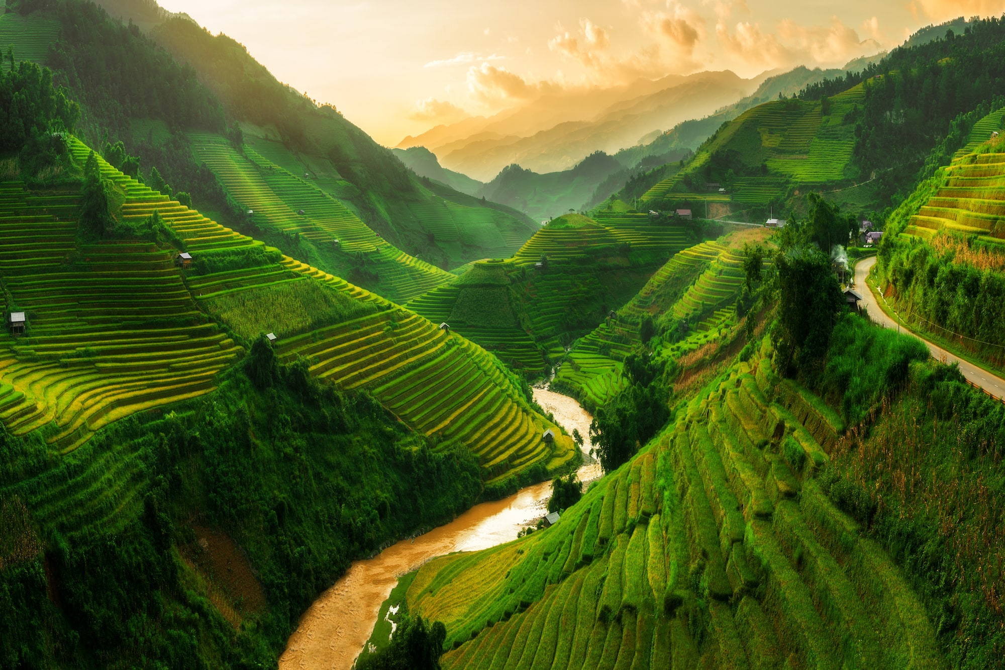 a green hills with a river