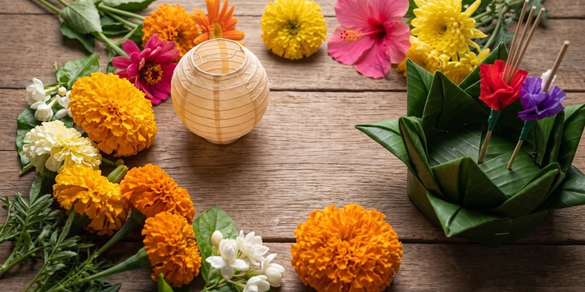 Colorful flowers, paper lantern, and banana leaf krathong on rustic wood.