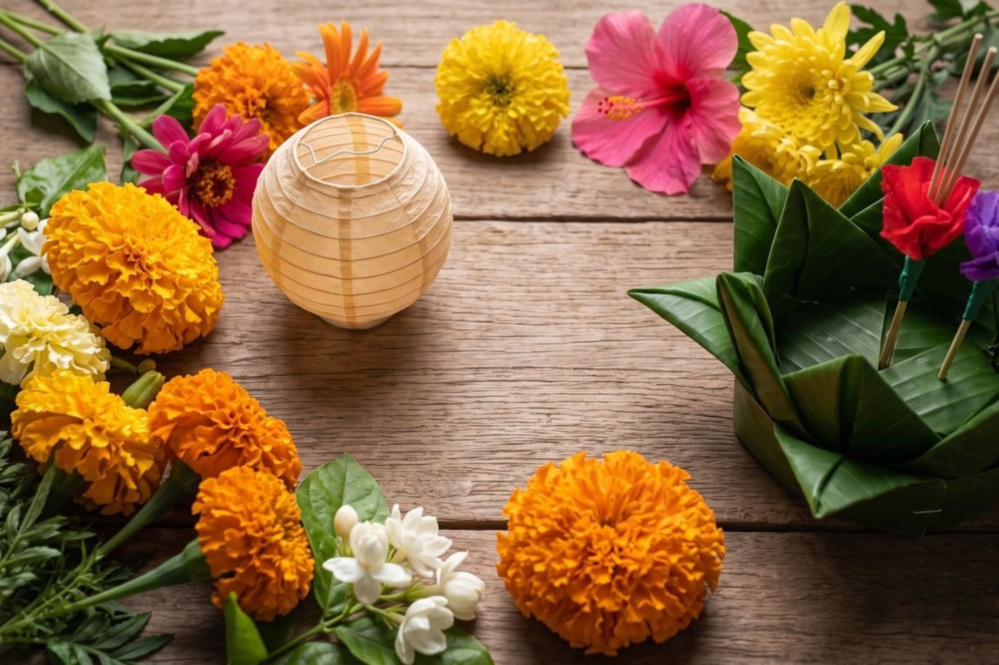 Loy Krathong float, colorful flowers, paper lantern on rustic wood.
