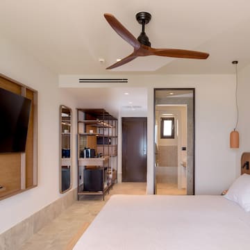 a ceiling fan in a room