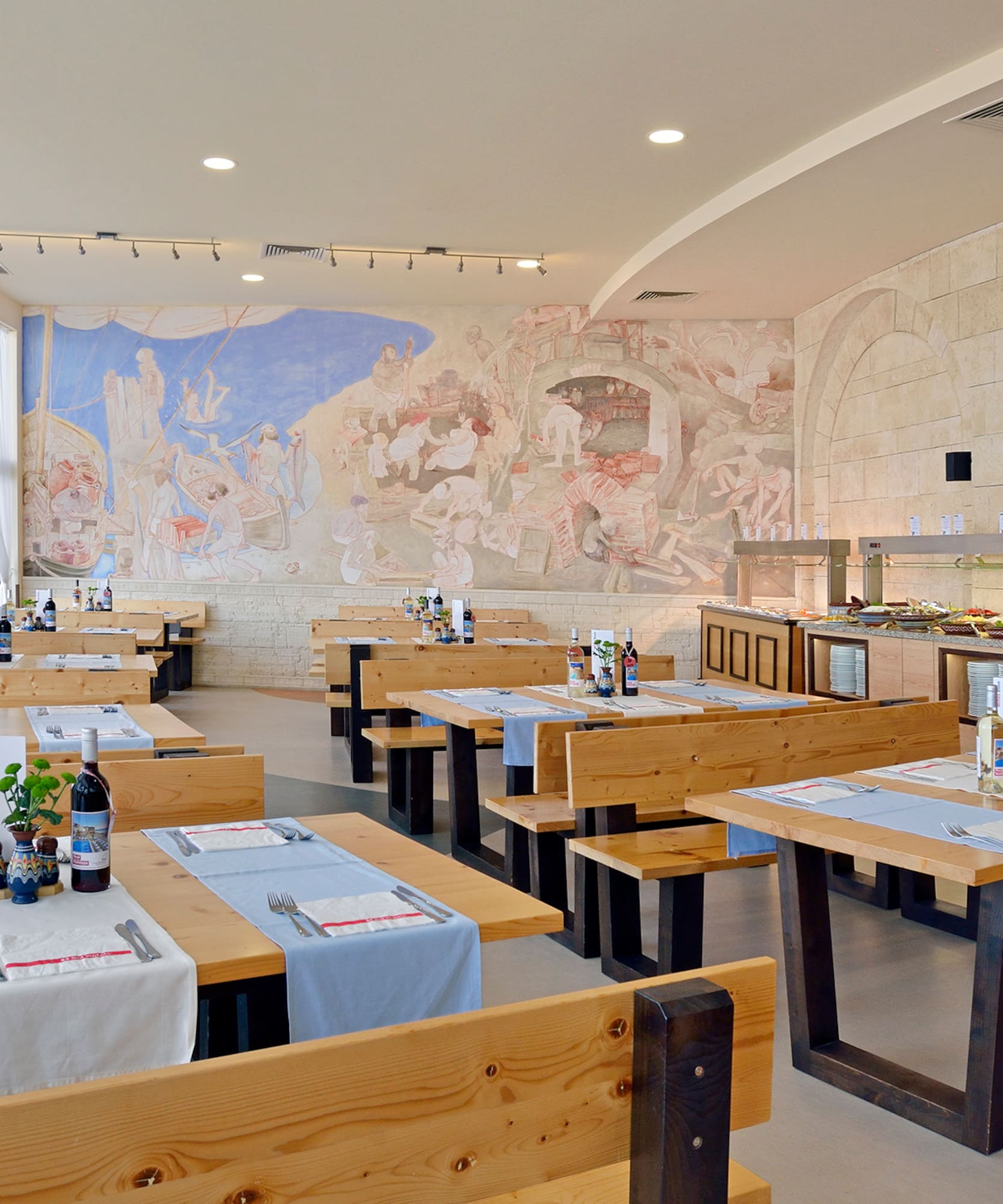 a room with tables and chairs