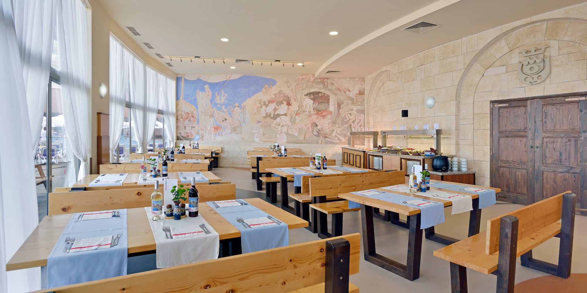 a room with tables and chairs