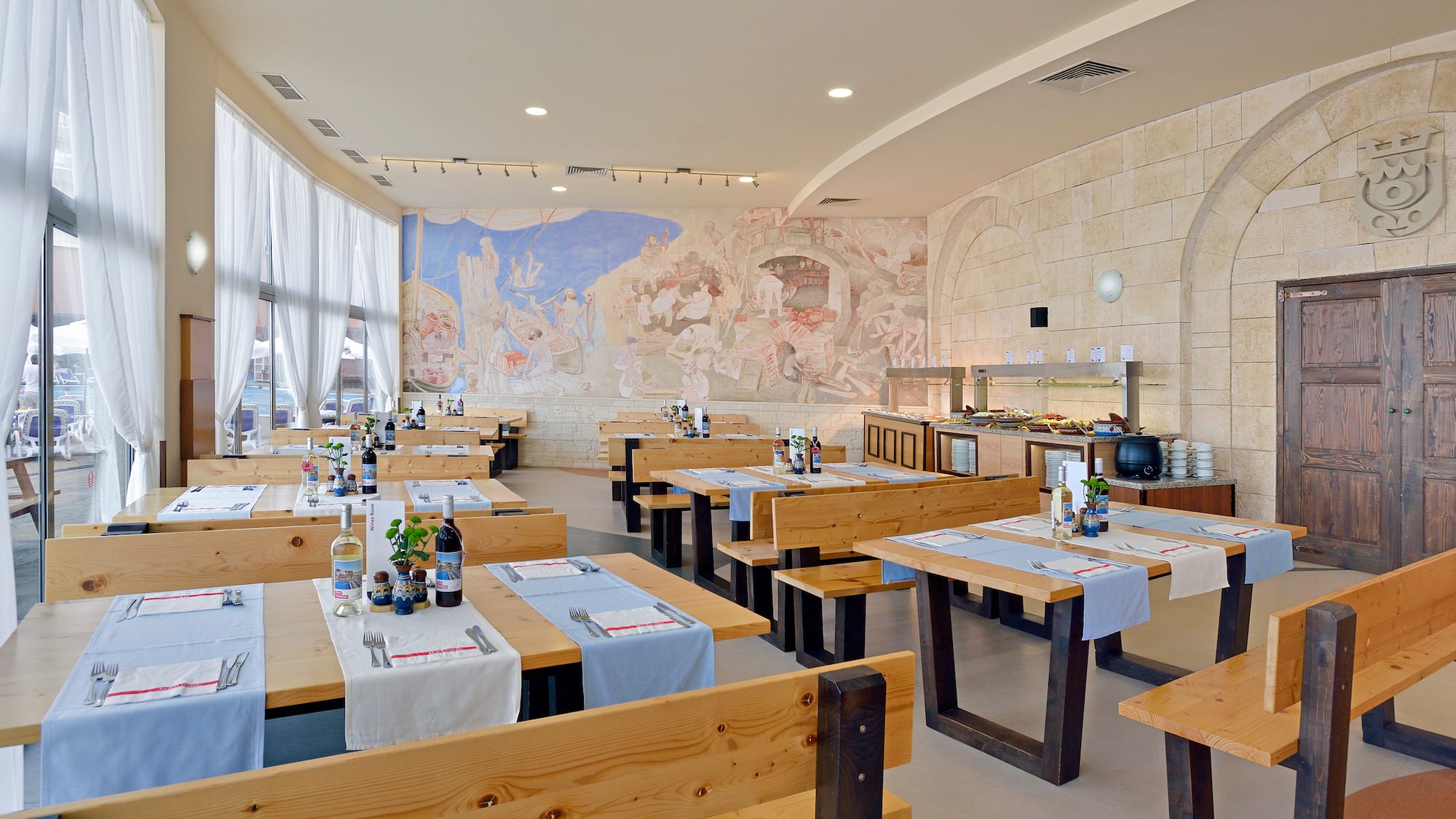 a room with tables and chairs