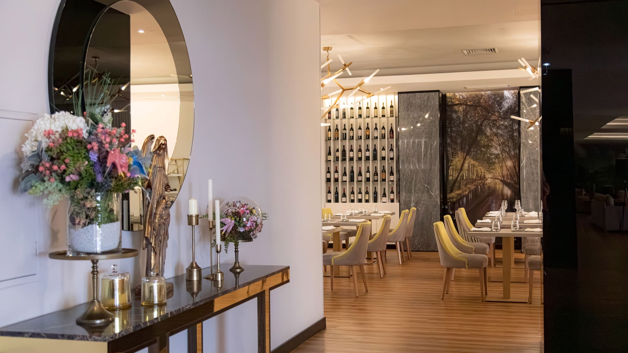 a room with tables and chairs