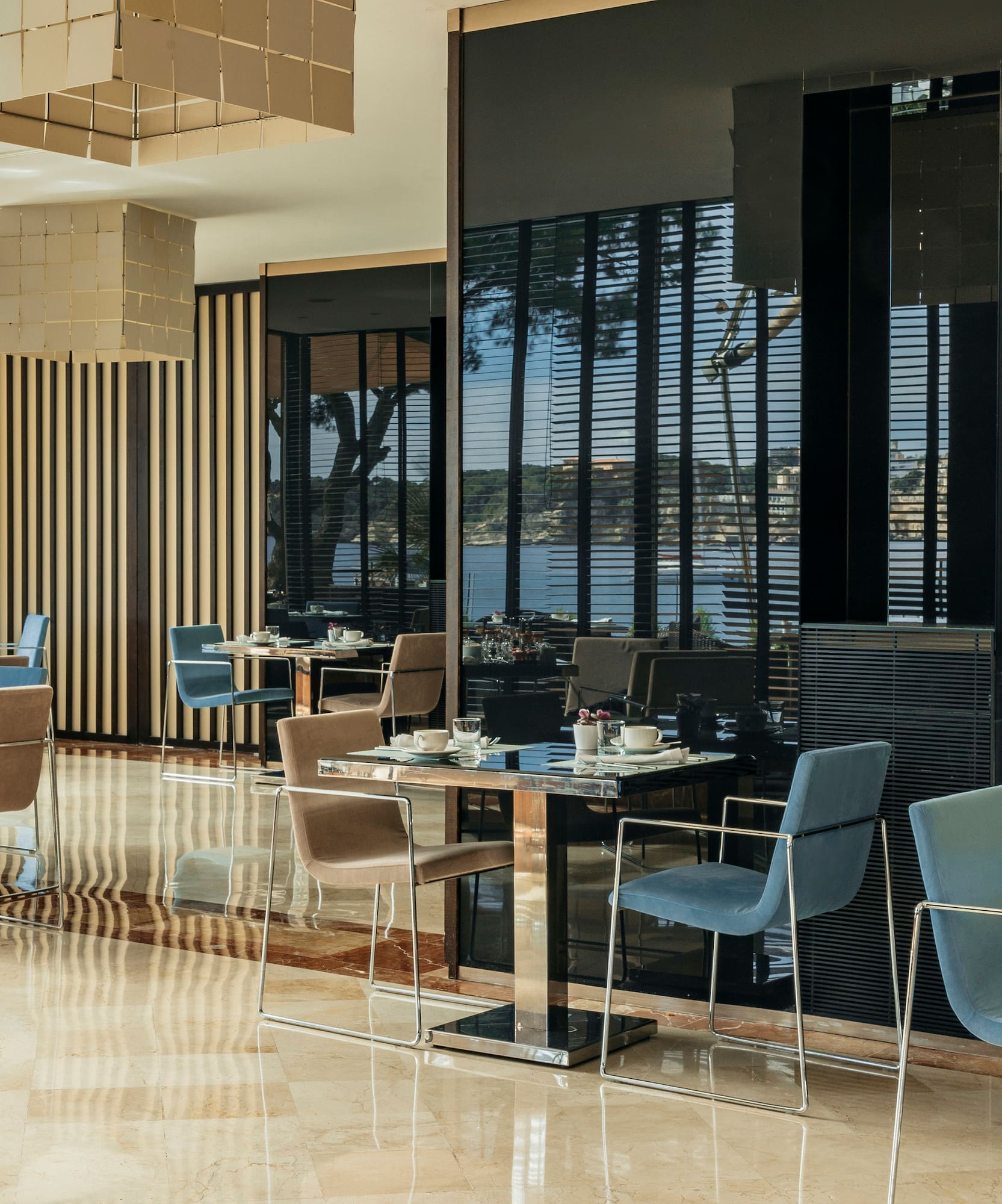 a room with tables and chairs