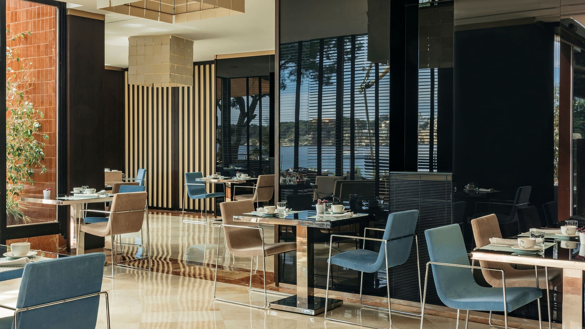 a room with tables and chairs