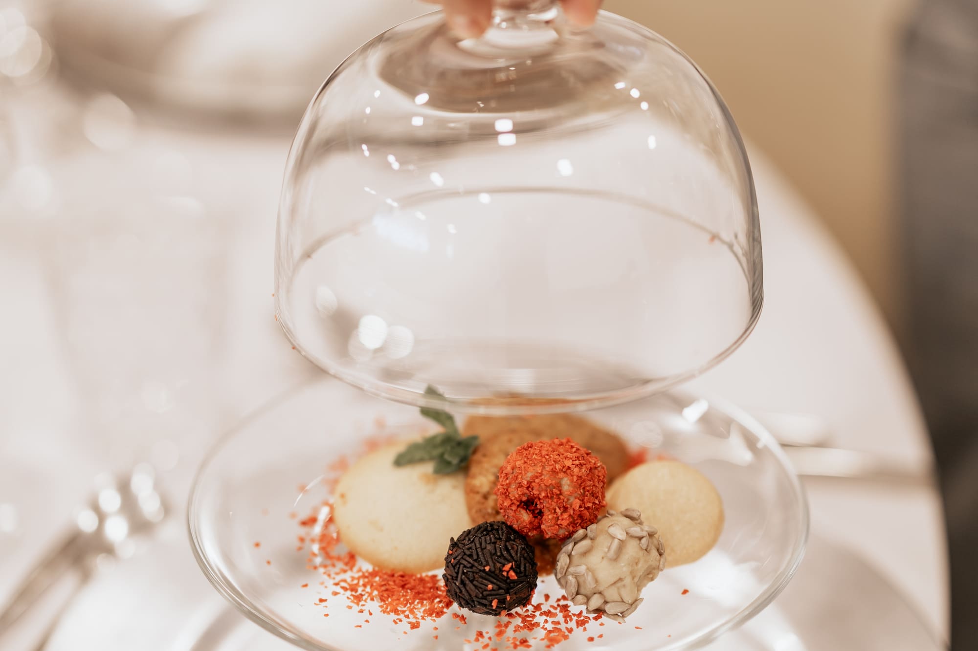 Hand revealing gourmet dessert: truffles, ice cream, and cookies under glass dome.