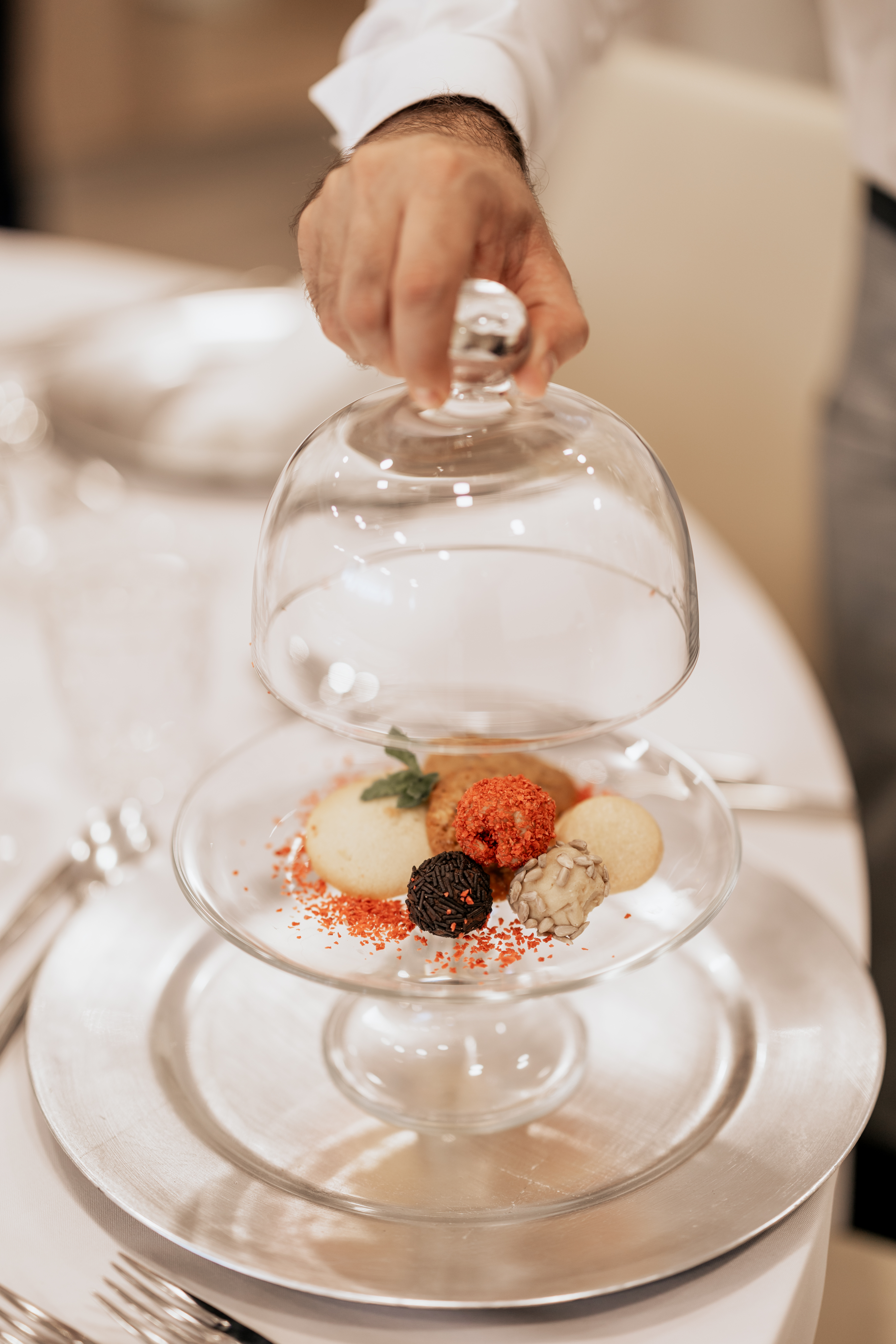 Hand revealing gourmet dessert: truffles, ice cream, and cookies under glass dome.
