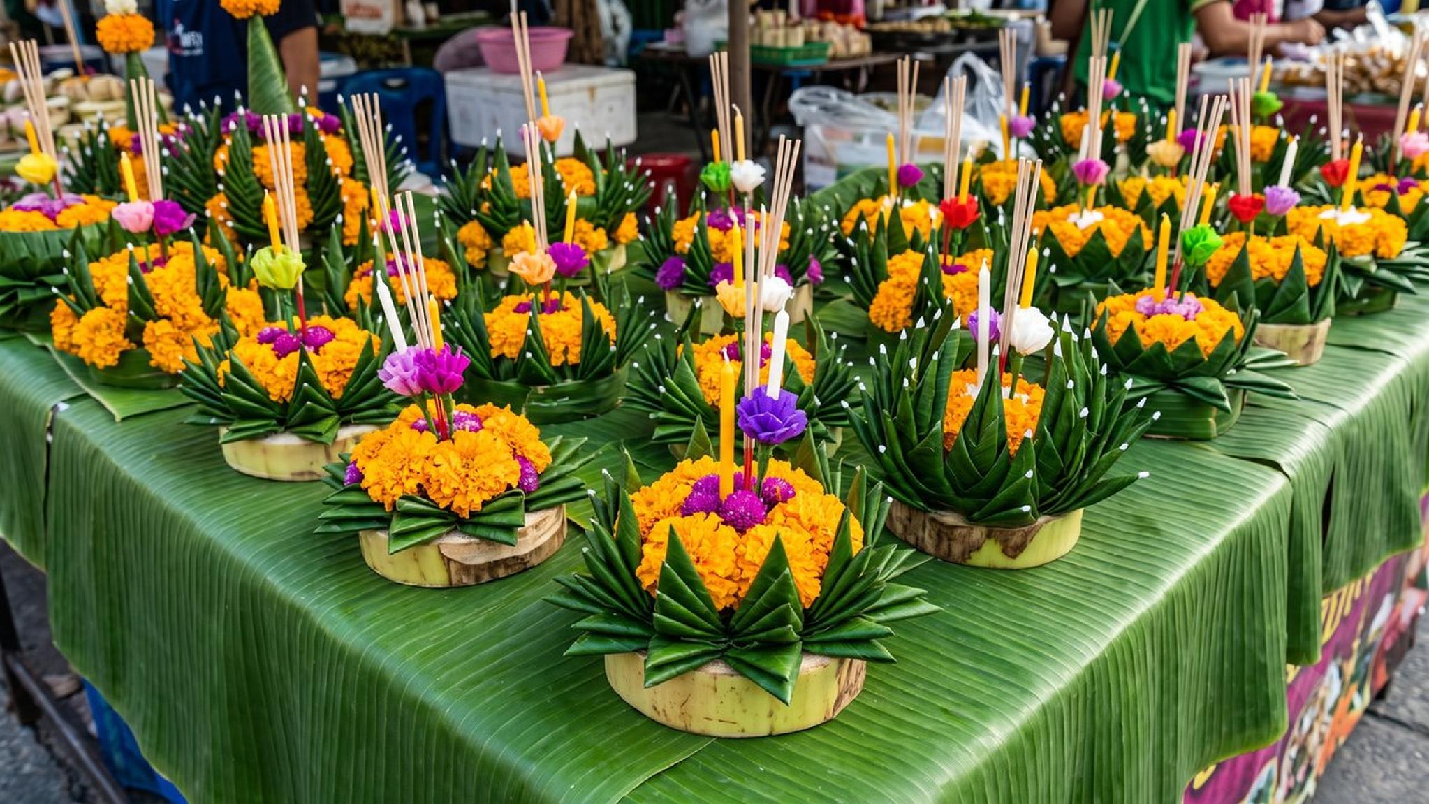 Loy Krathong festival arrangements: marigolds, candles, incense, banana leaves.