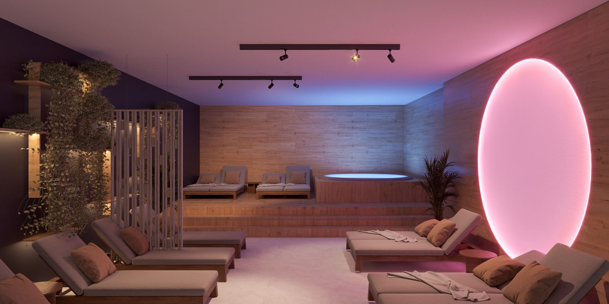 a room with lounge chairs and a hot tub