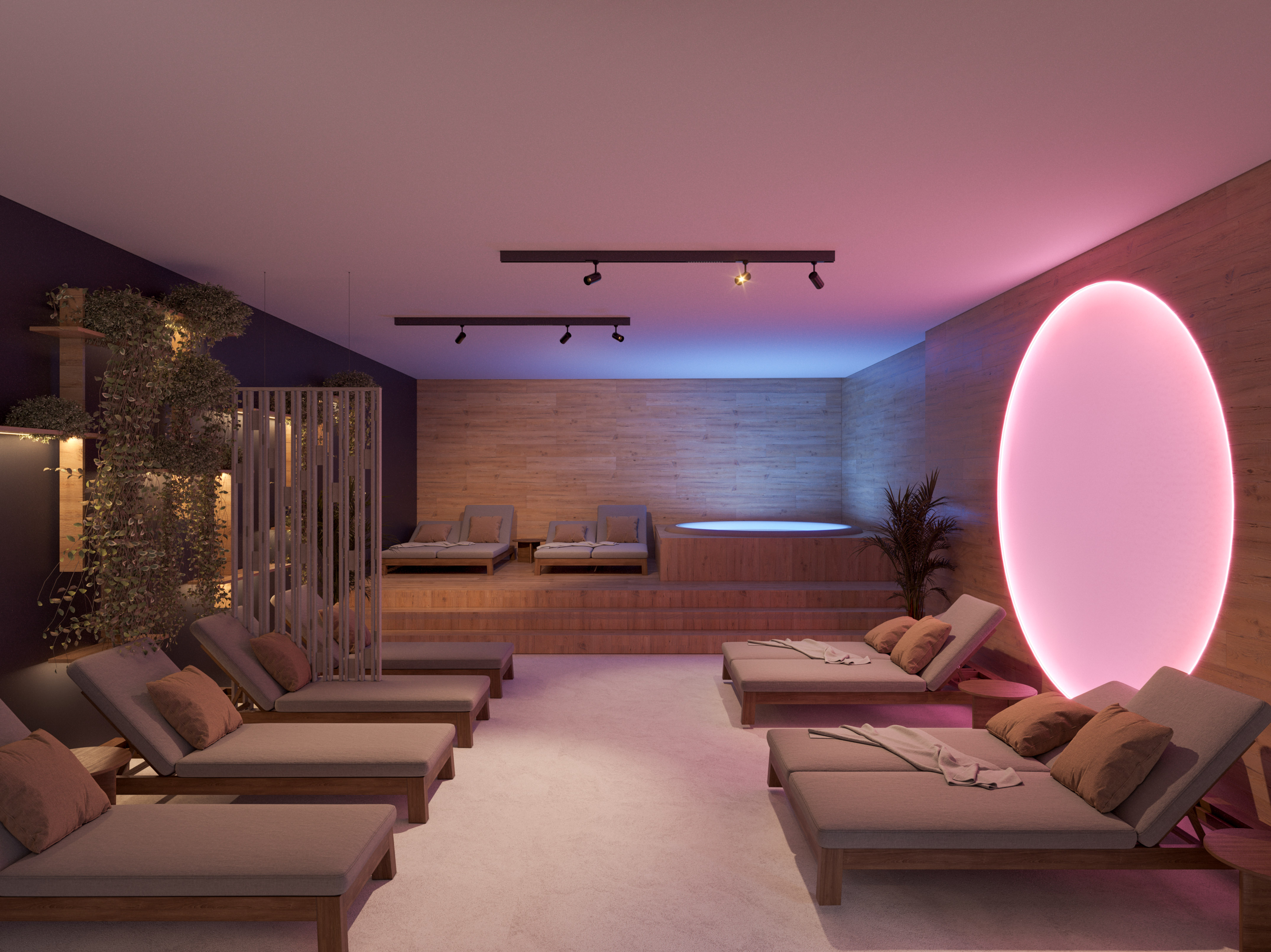 a room with lounge chairs and a hot tub