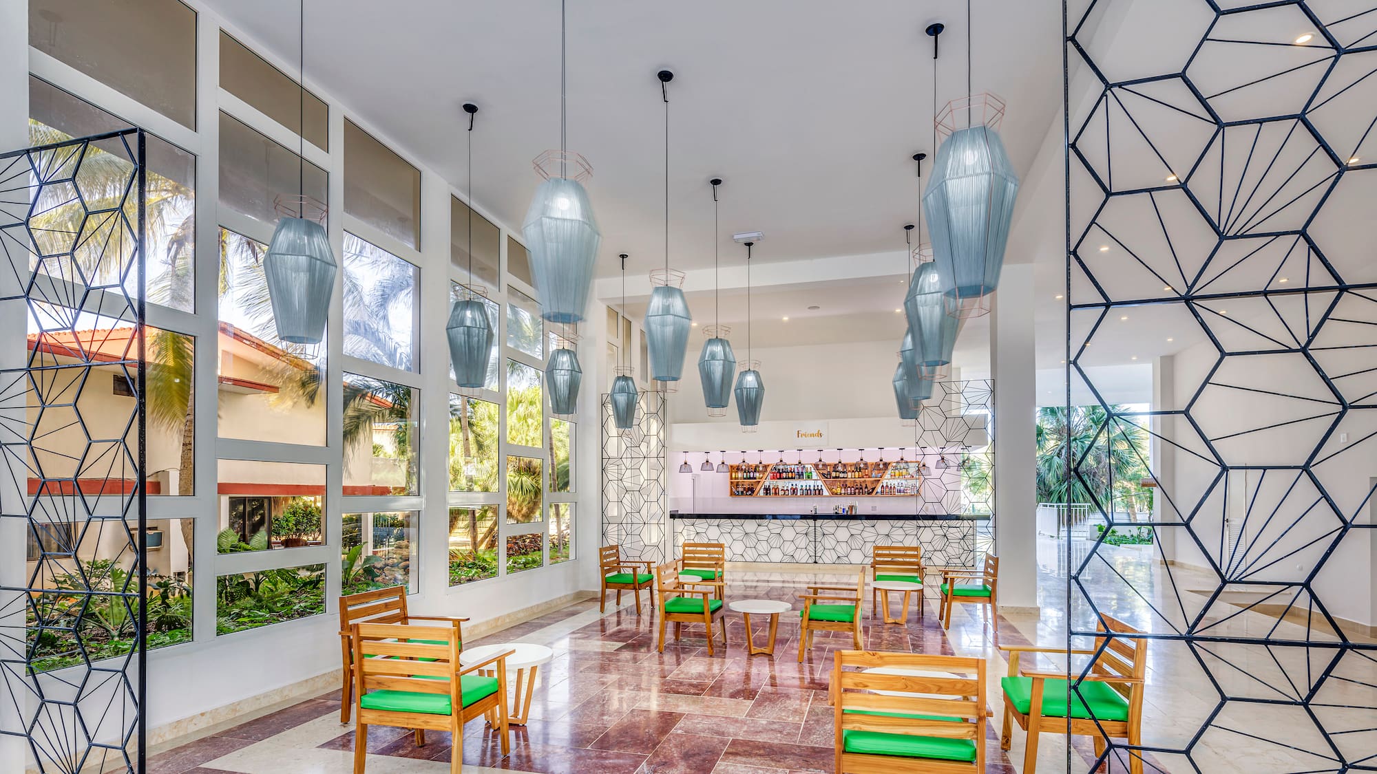 a room with chairs and tables