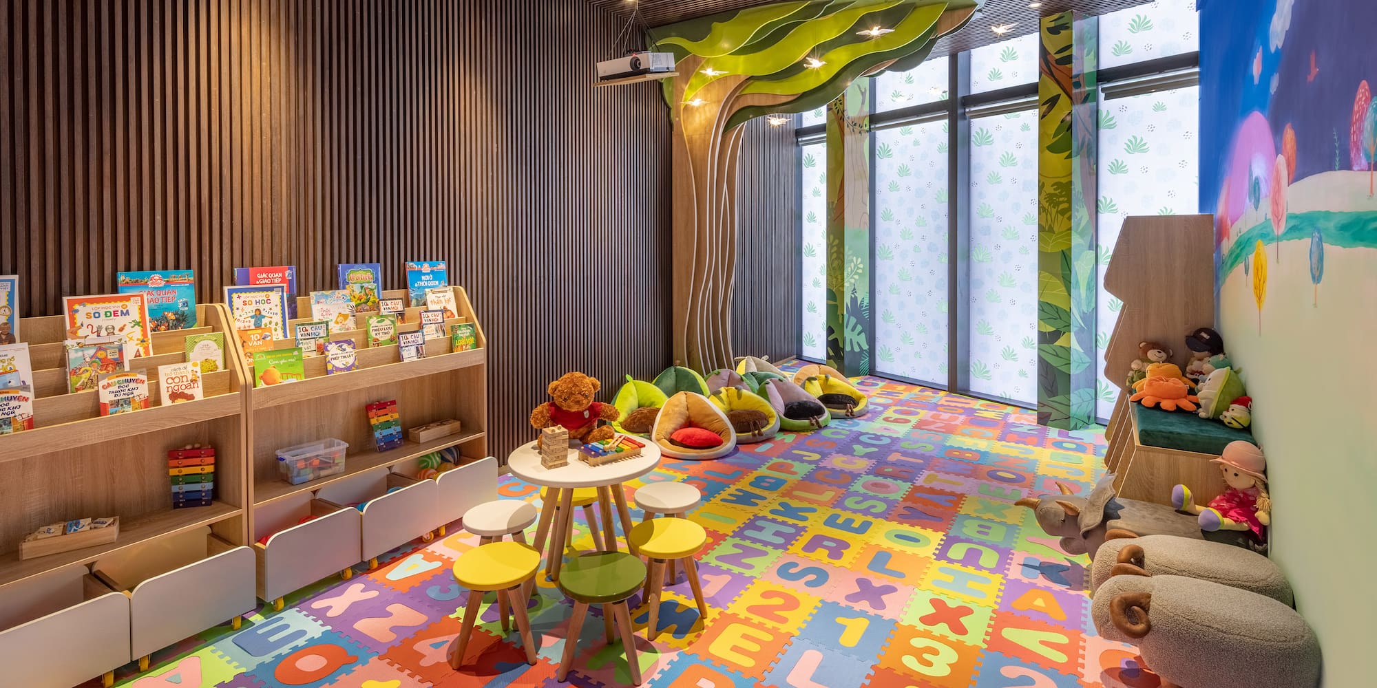 a room with colorful carpet and toys
