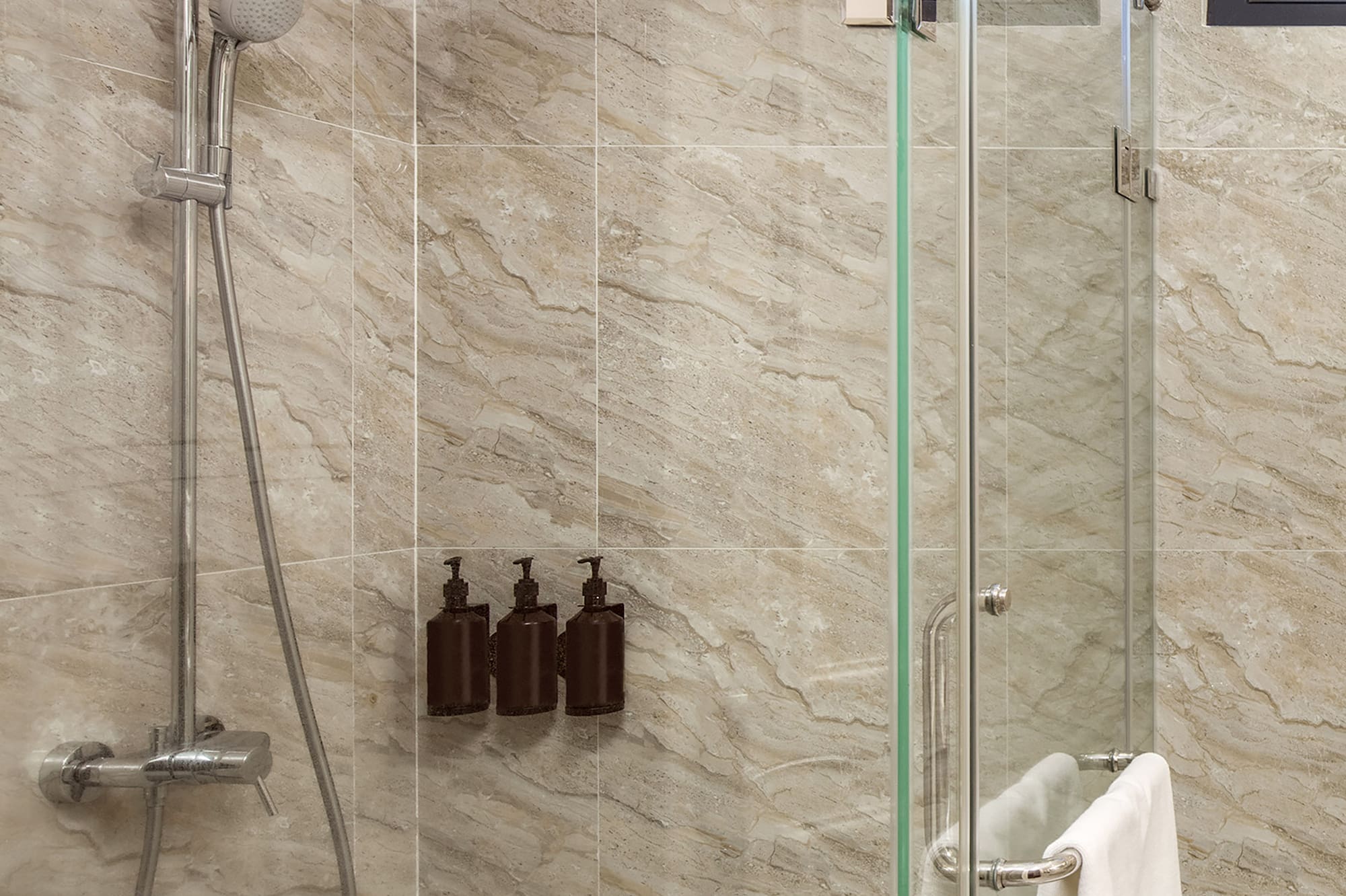 a shower with a glass door