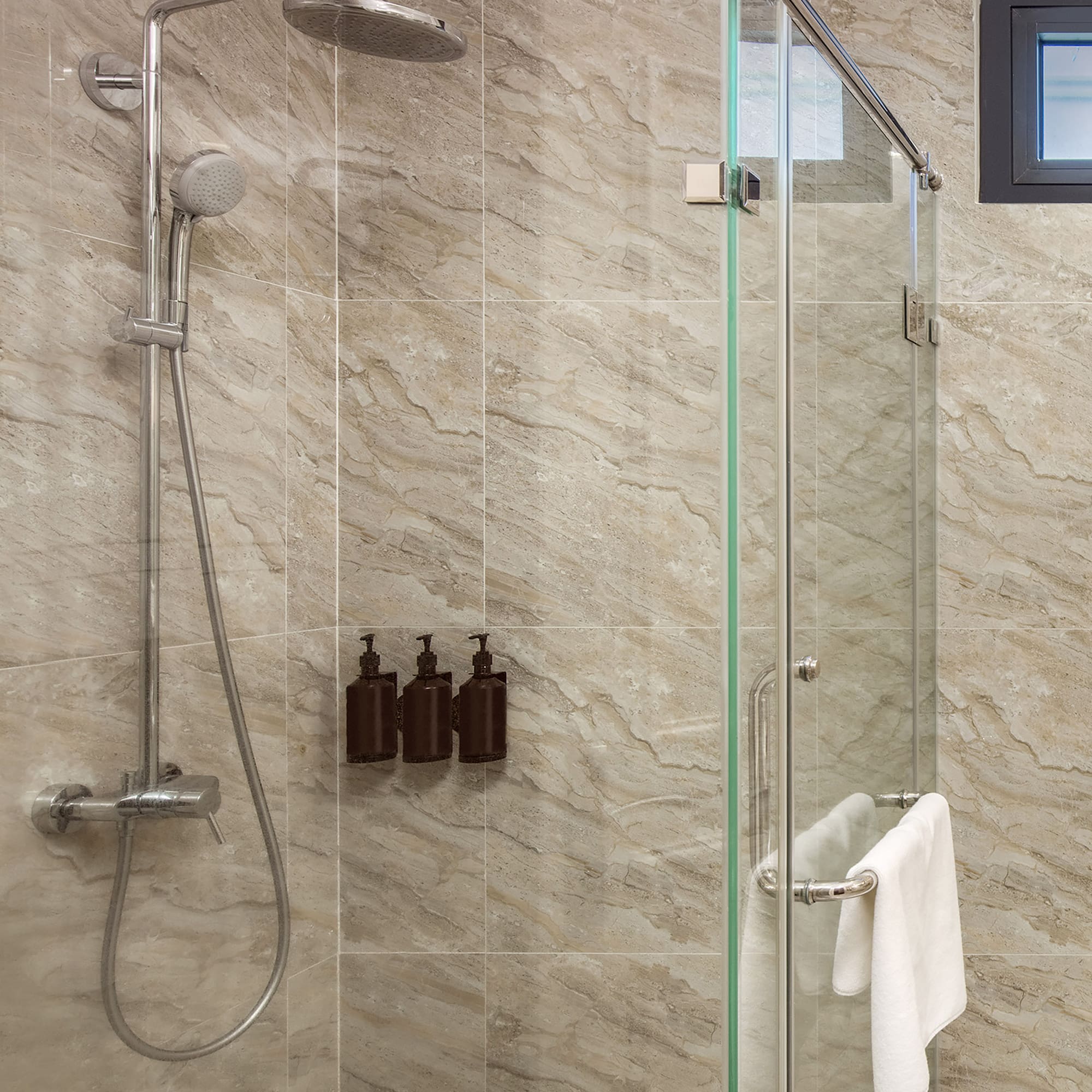 a shower with a glass door