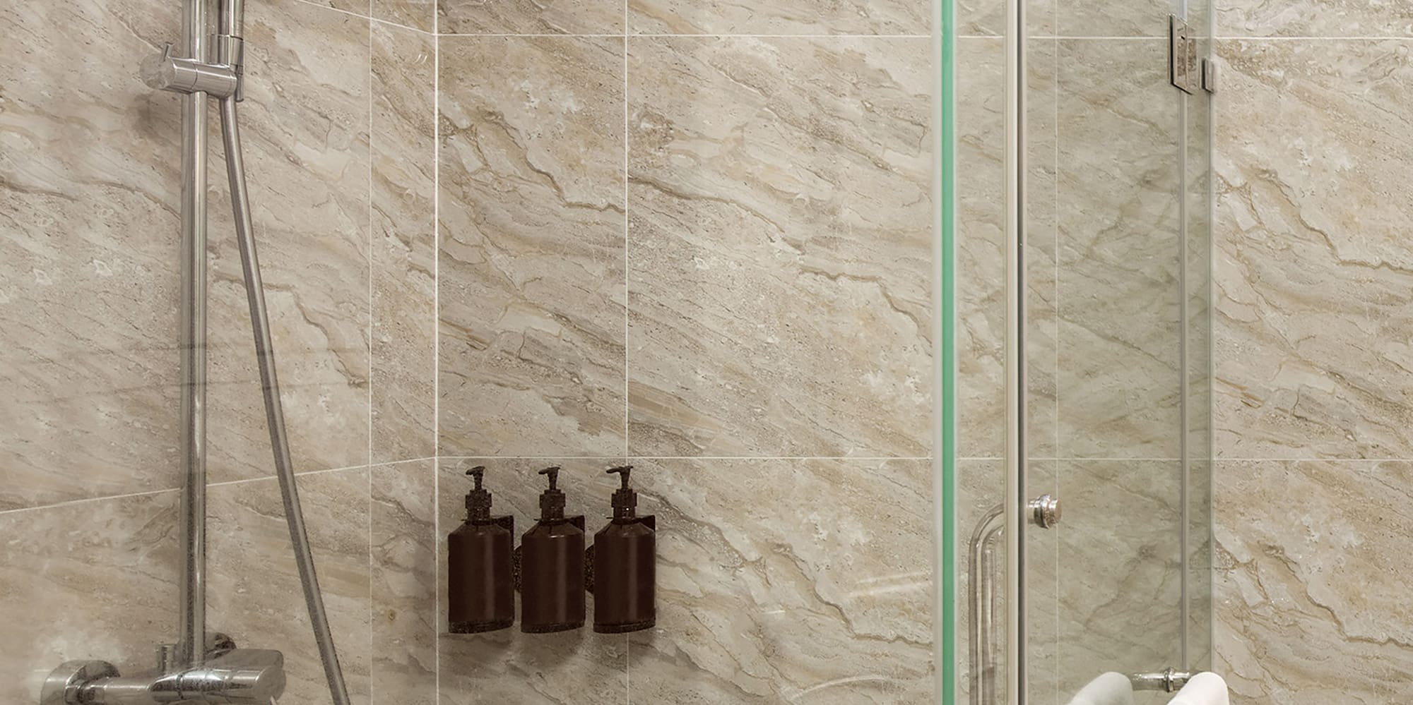 a shower with a glass door