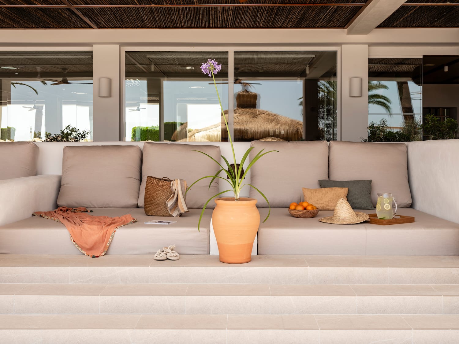 un divano con una pianta in vaso sugli scalini