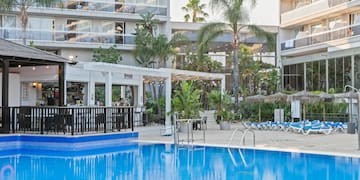 a swimming pool in a hotel