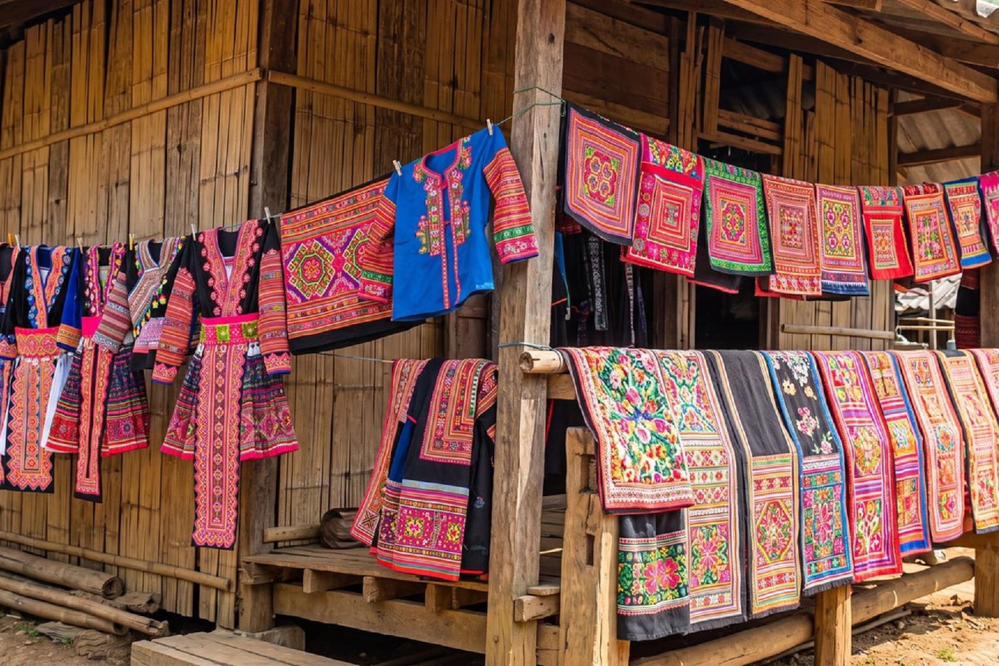 Colorful Hmong embroidered textiles and traditional clothing outside a bamboo shop.