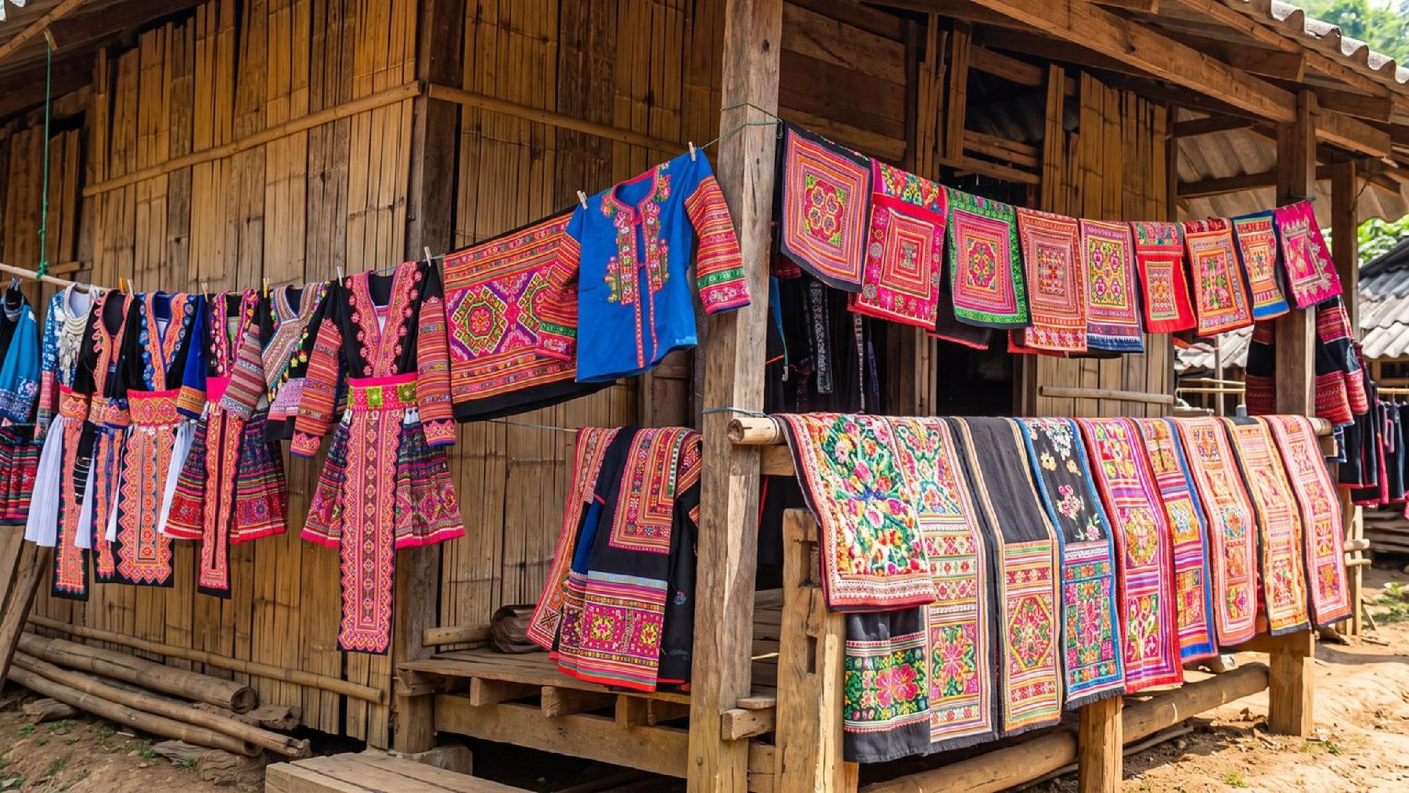 Colorful Hmong embroidered textiles and traditional clothing outside a bamboo shop.